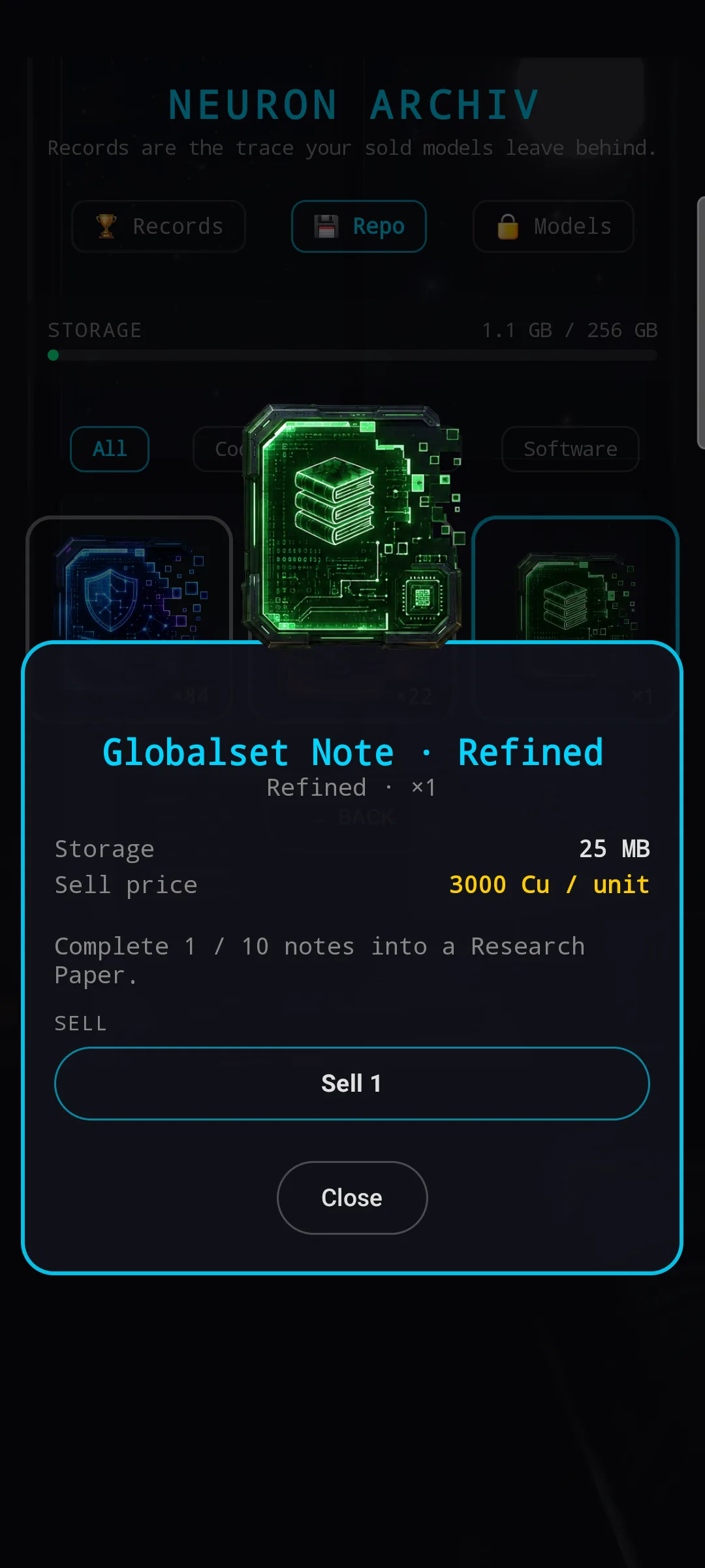 Research Note detail popup — 'Globalset Note · Refined · x1', showing Storage 25 MB, Sell price 3,000 Cu/unit, a progress line 'Complete 1 / 10 notes into a Research Paper.', a SELL section with a Sell 1 button, and a Close button. Background shows the Repo grid with fragment and note tiles.
