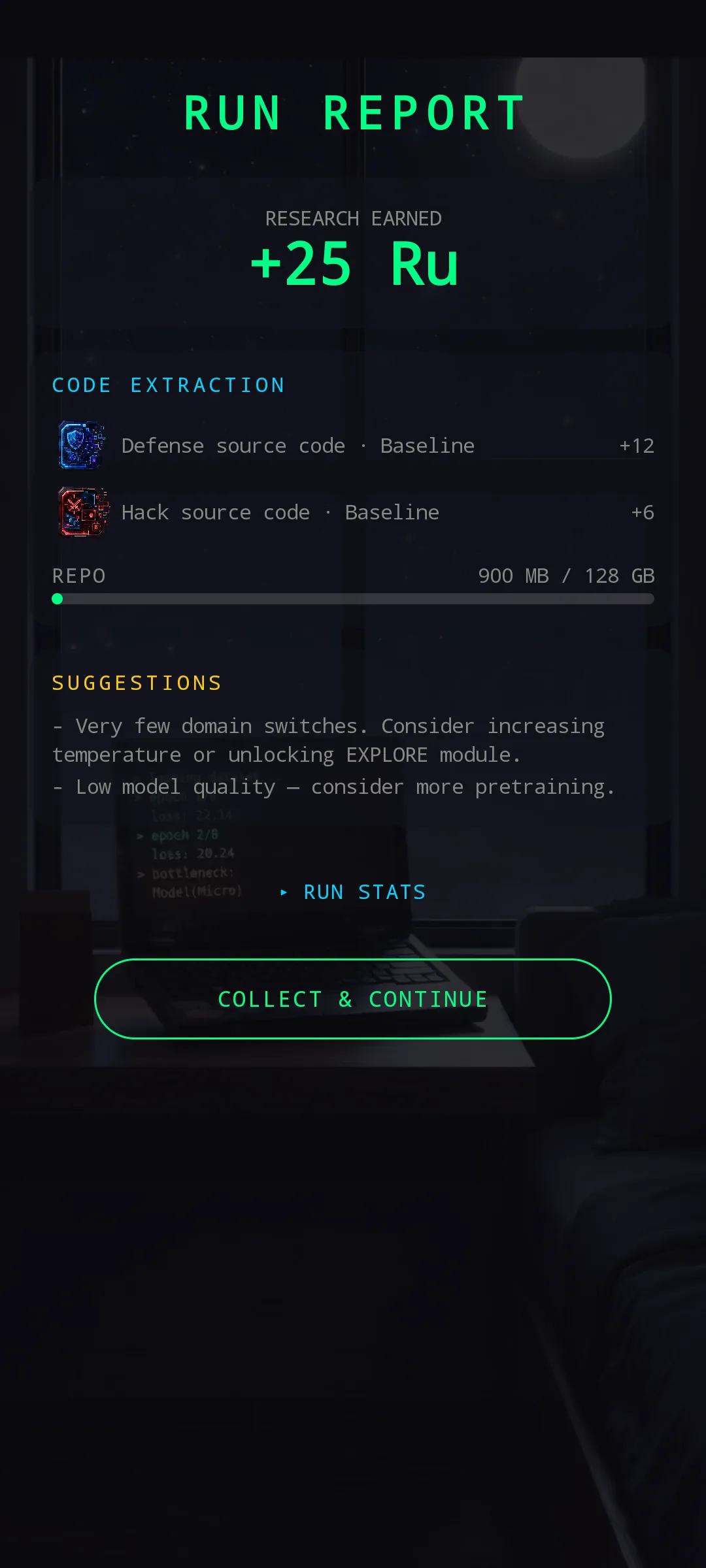 Run Report screen — RESEARCH EARNED hero number (+25 Ru), a CODE EXTRACTION section showing 'Defense source code · Baseline +12' and 'Hack source code · Baseline +6' extractions from the run, a REPO storage fill bar (900 MB / 128 GB), and a SUGGESTIONS panel with contextual training hints. COLLECT & CONTINUE button at the bottom.