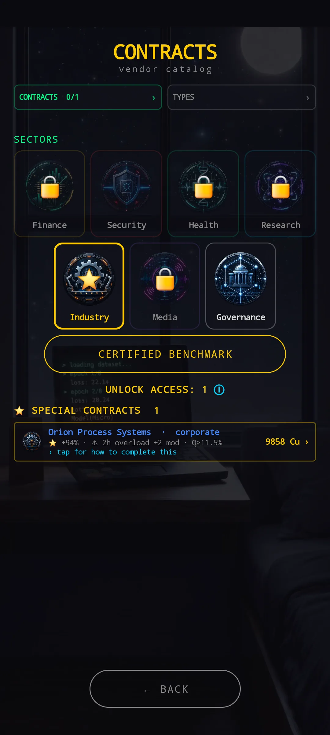 Contracts vendor catalog — a Sectors grid (Finance, Security, Health, Research locked; Industry unlocked and selected with a star; Media locked; Governance unlocked). Beneath: a prominent CERTIFIED BENCHMARK button, an Unlock Access counter, and one Special Contract from Orion Process Systems (corporate) reading '+94 % · 2 h overload +2 mod · Q ≥ 11.5 %' with a payout of 9 858 Cu and a 'tap for how to complete this' hint.