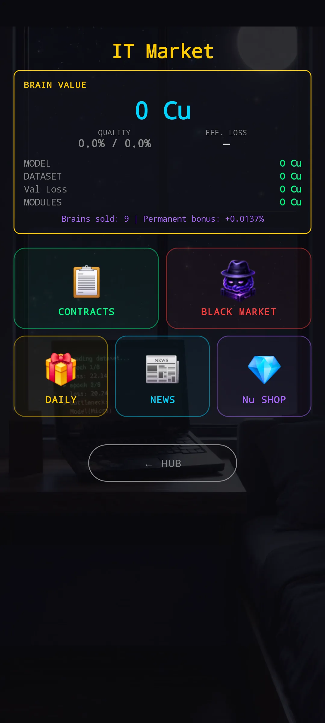 IT Market screen — five chips in a 2 + 3 layout instead of the old big cards: TRAINING and JOBS on the top row, then CONTRACTS (green), BLACK MARKET (red) and HW MARKET on the bottom row. Contracts shows the count of active offers; Black Market shows the burn-timer. The Neuron Bank / Ru counters and MODEL tab stay fixed at the top.