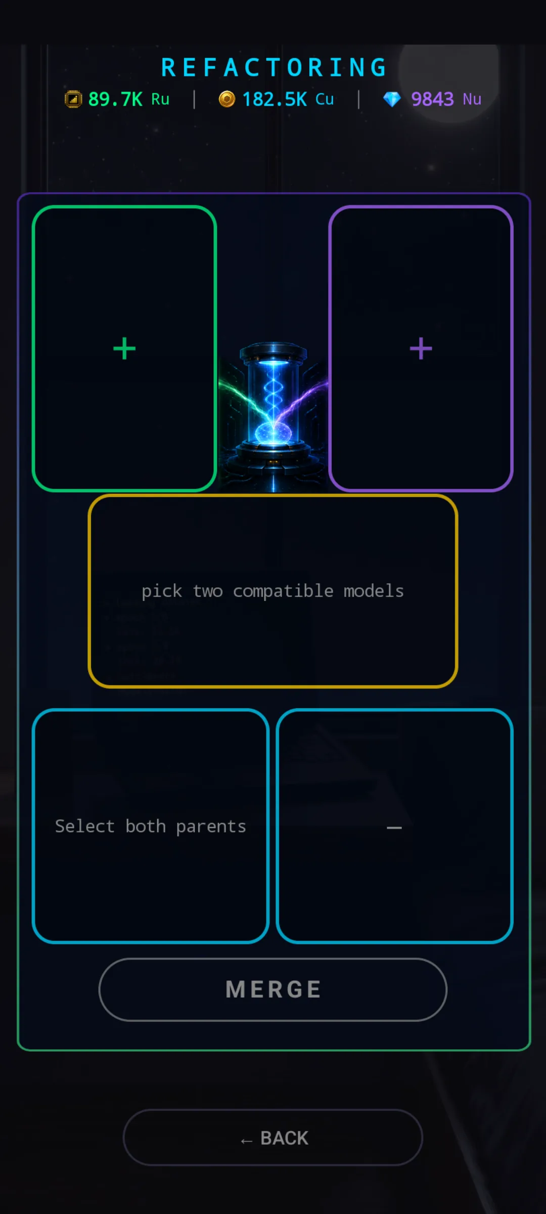 Empty REFACTORING screen with two blank parent slots (green and purple outlined placeholders with + icons), the compile chamber between and beneath them, and a 'pick two compatible models' prompt in the yellow-outlined child slot. The MERGE button is greyed out.