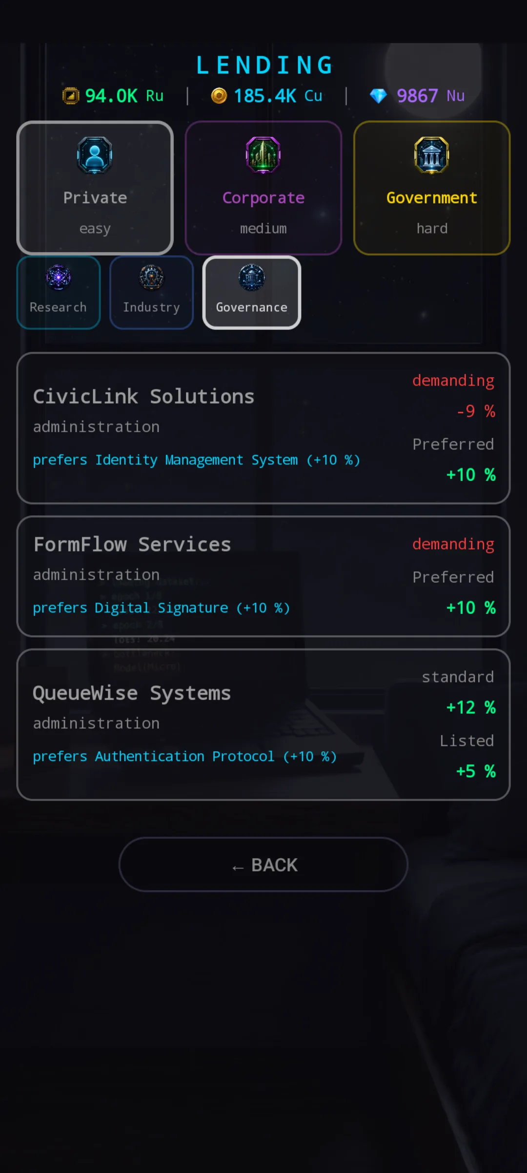 Lending catalog — sector and class filter at the top, vendor cards below, each with sector, difficulty, base rate multiplier, and preferred SW line.