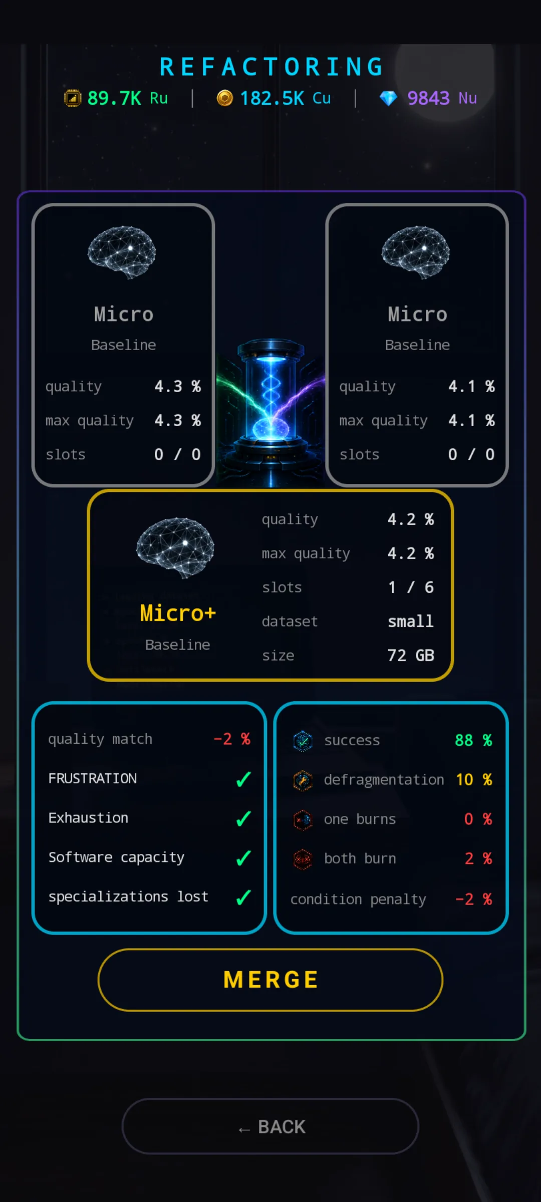 Refactoring screen — two parent slots at the top, chamber between them, child preview in the middle, compatibility and probability panels below, MERGE button at the bottom.