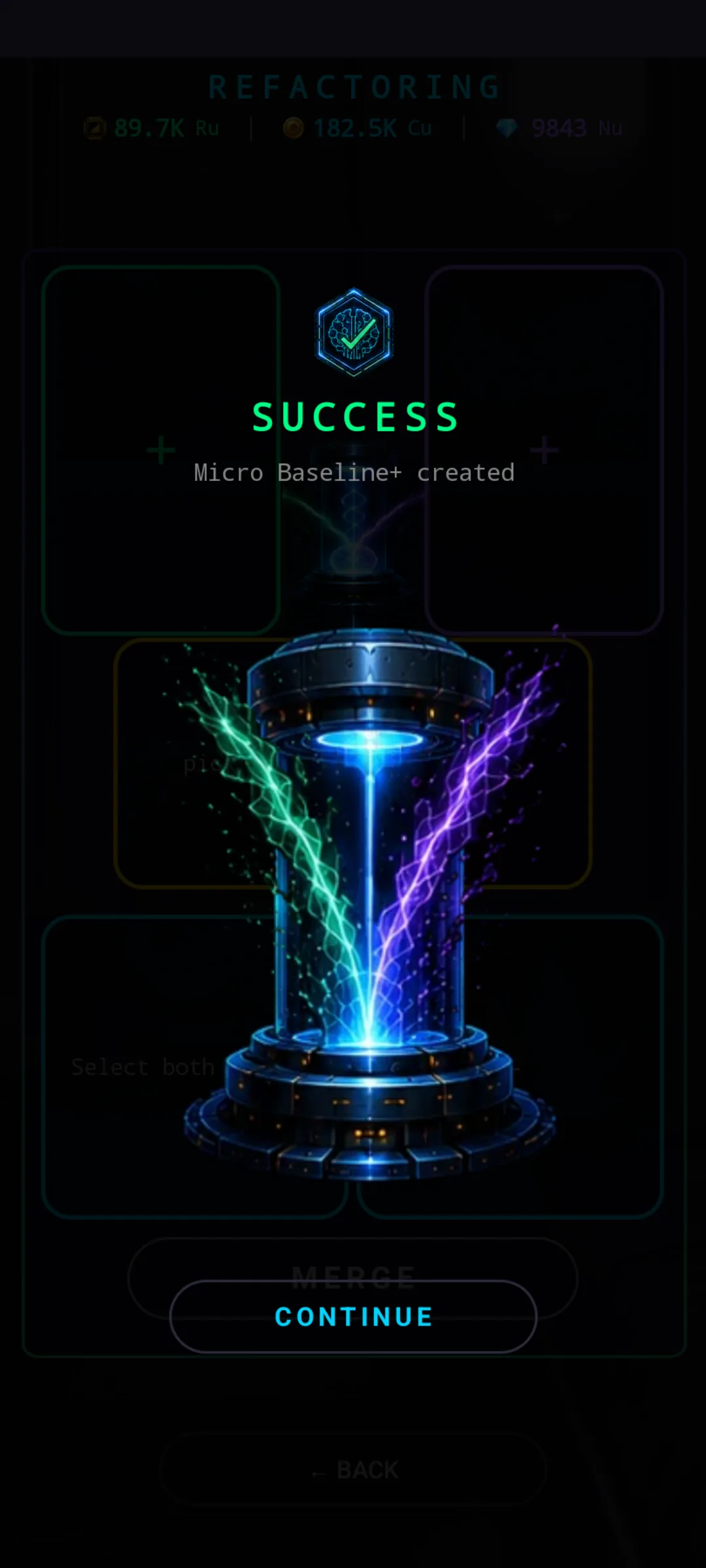 REFACTORING success screen — 'SUCCESS · Micro Baseline+ created' notice at the top with a hex-shaped verified-brain icon, and the chamber below erupting with two energy arcs (green from the left parent, purple from the right) converging into a central blue beam. A CONTINUE button at the bottom.