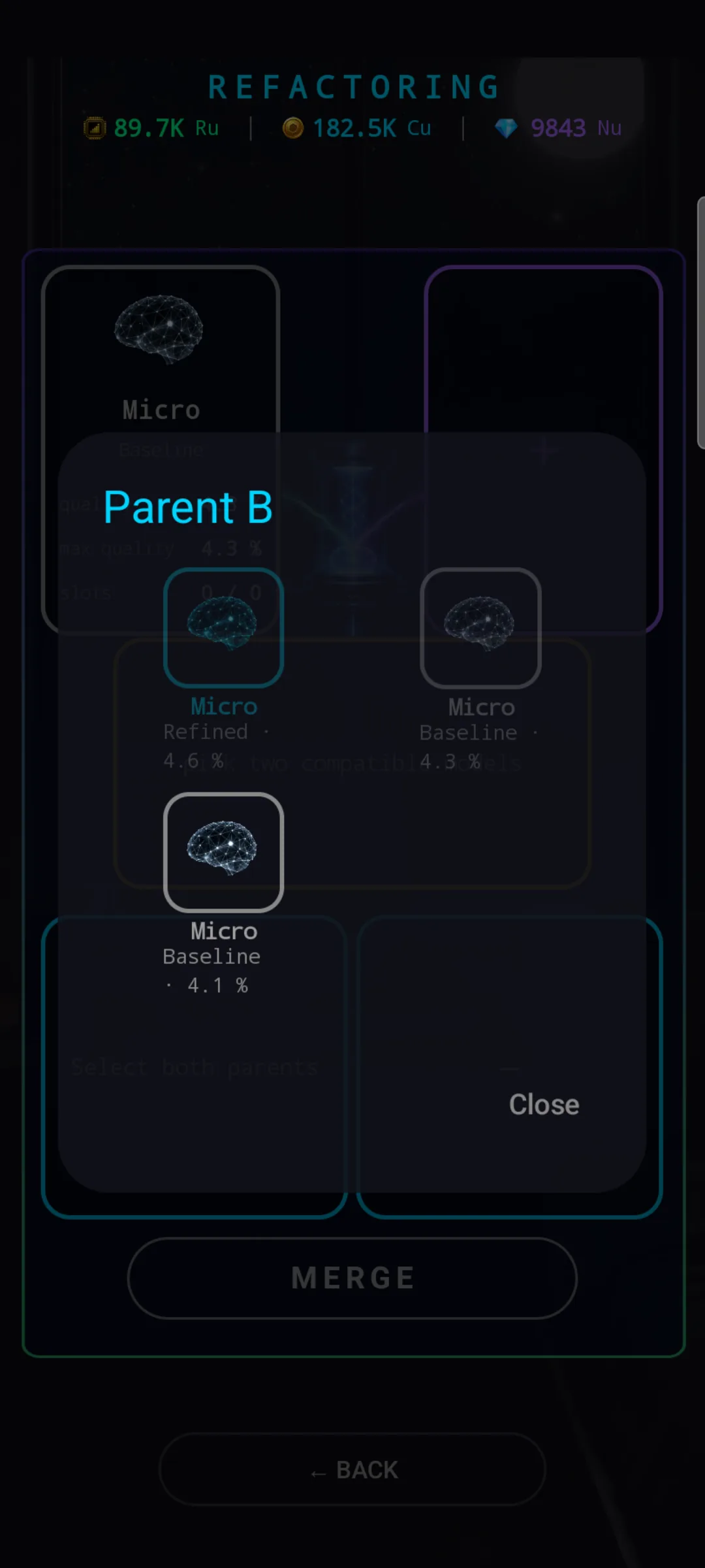 Parent A picker modal — three Micro brains listed: Refined 4.6 %, Baseline 4.3 %, Baseline 4.1 %, with the Refined one currently selected. The chamber and empty child slot are dimmed in the background.