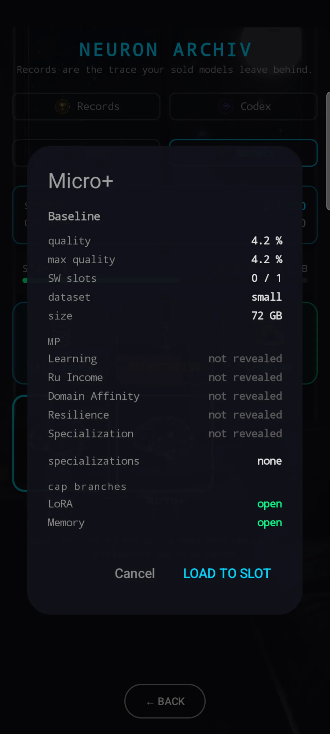 Neuron Archiv model detail popup for Micro+ Baseline (the post-merge child) — quality 4.2 %, max quality 4.2 %, SW slots 0/1, dataset small, size 72 GB, MP fields not yet revealed, cap branches LoRA and Memory both open. LOAD TO SLOT and Cancel buttons at the bottom.