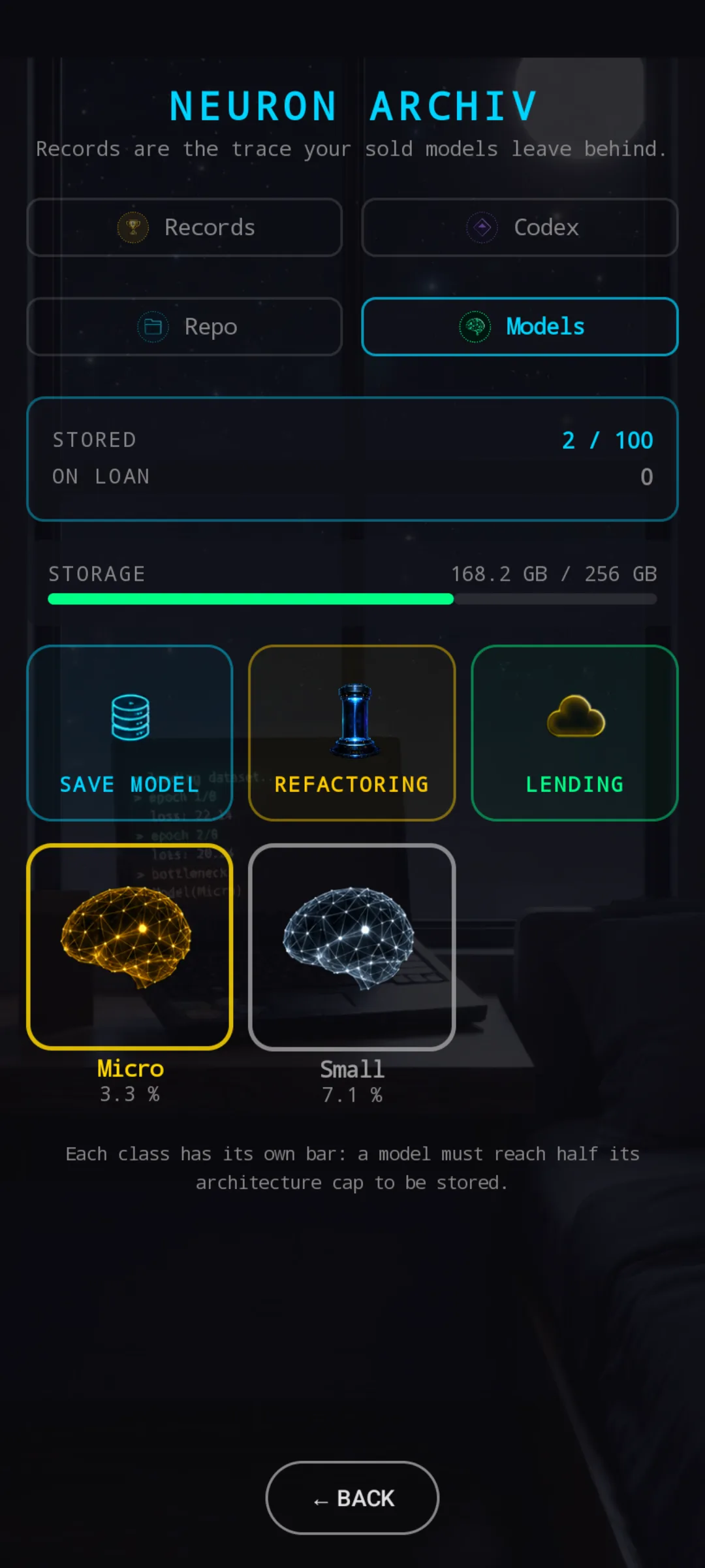 Neuron Archiv, Models tab. The REFACTORING tile now carries a small ⚙ gear — the mode selector lives under it.