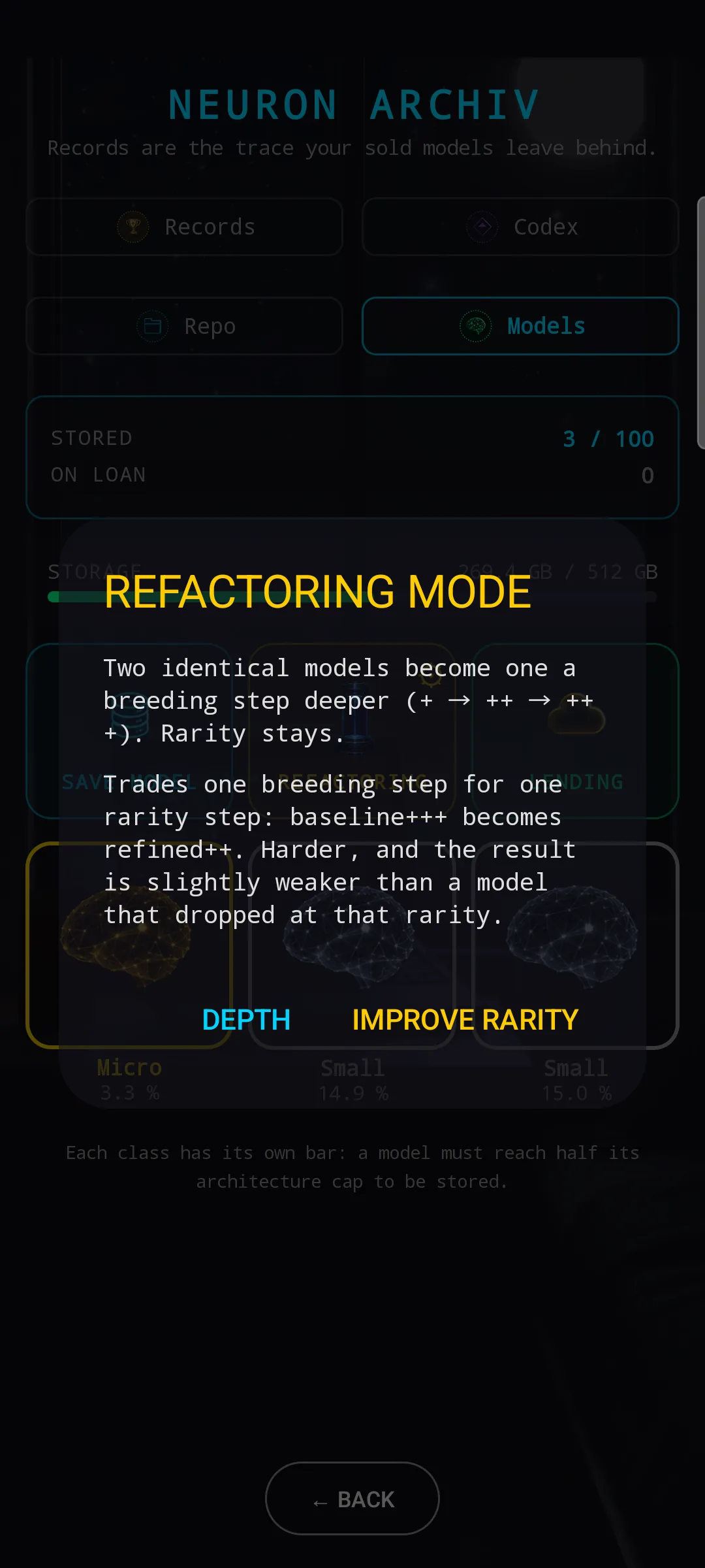 REFACTORING MODE dialog with two buttons: DEPTH (current default) and IMPROVE RARITY (new). Explanatory text: trades one breeding step for one rarity step; the result is slightly weaker than a naturally-rolled model.