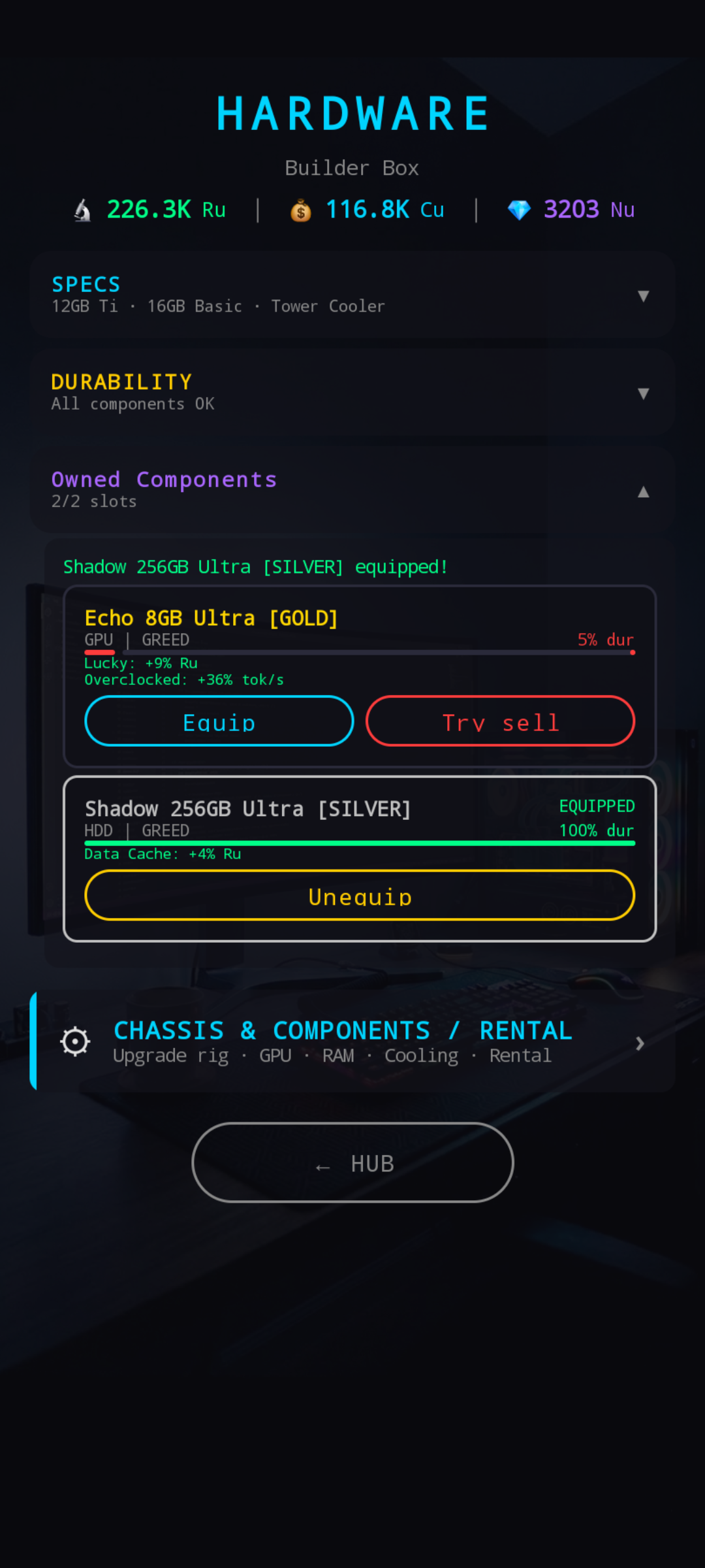 Equipped BM item highlighted on the Hardware screen