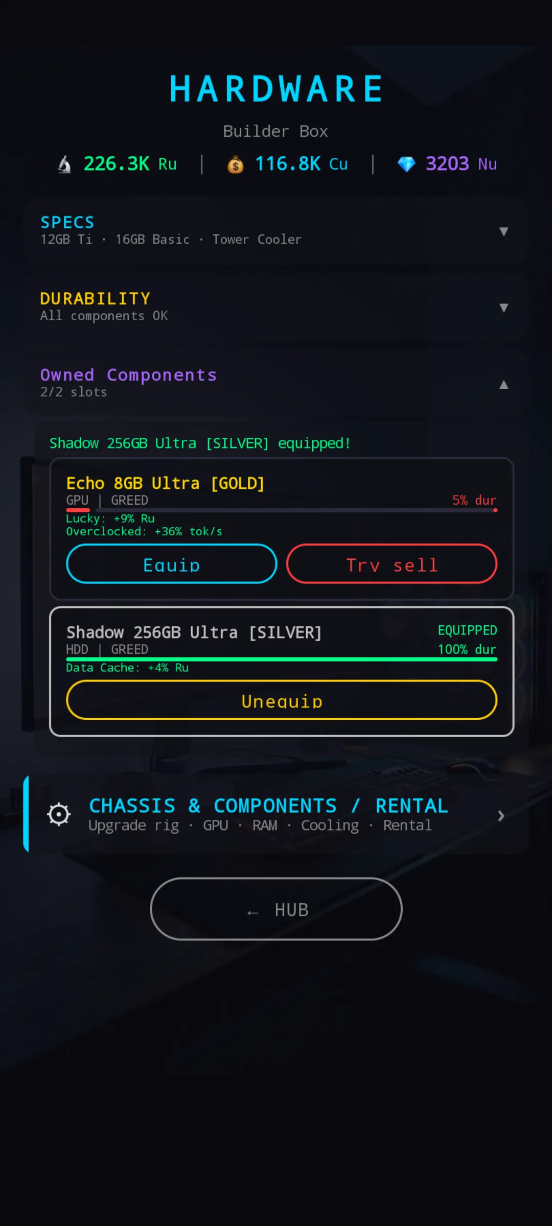 Equipped BM item highlighted on the Hardware screen