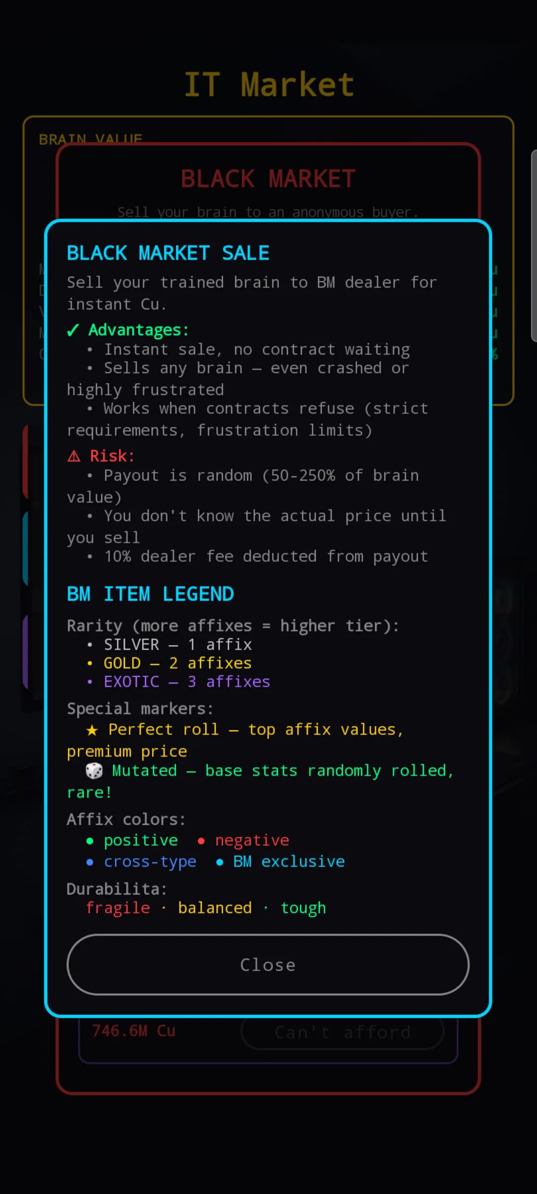 The Black Market info popup explaining rarity, markers, and durability