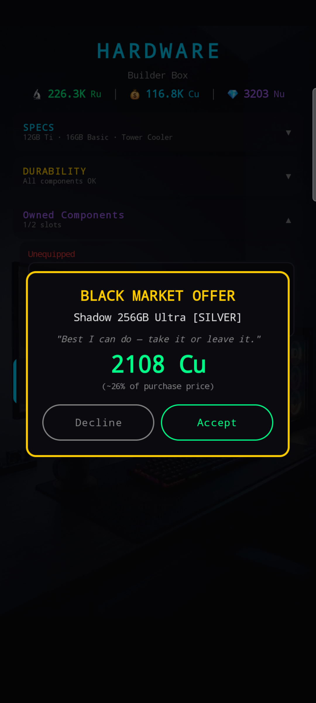 Black Market dealer's offer popup with Decline / Accept