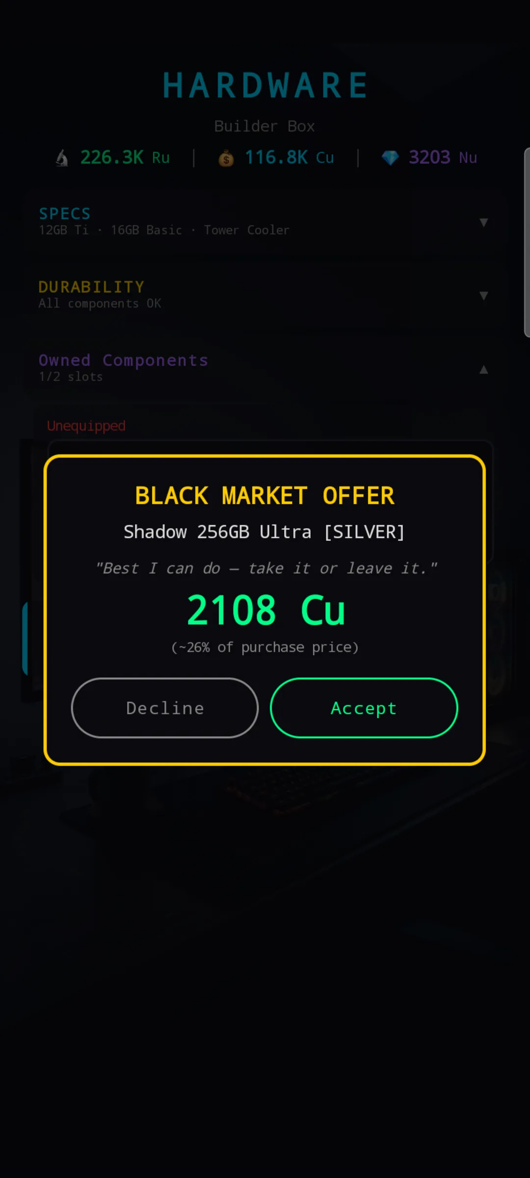 Black Market dealer's offer popup with Decline / Accept