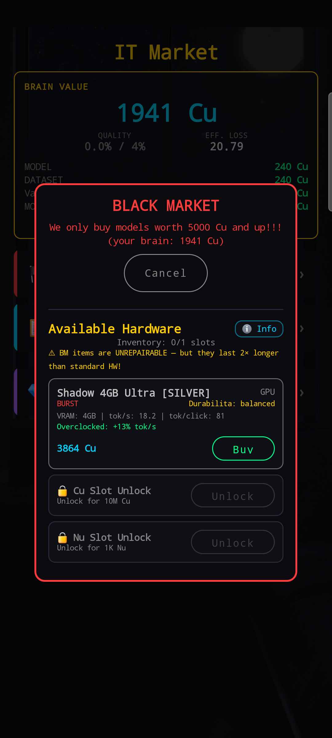 Black Market dialog in the early game with one item visible and two locked unlock buttons