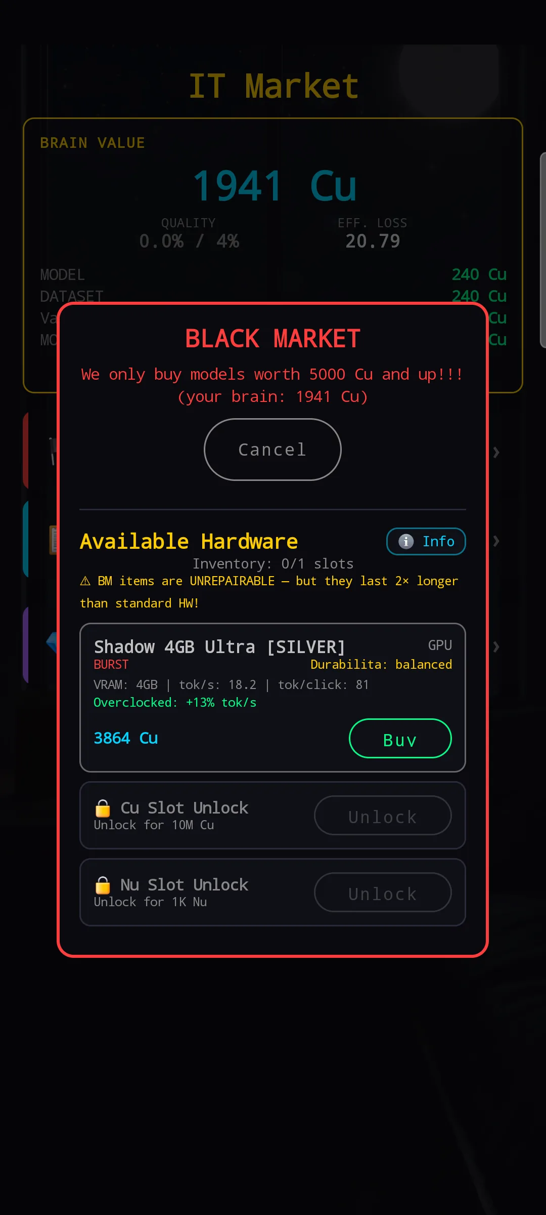 Black Market dialog in the early game with one item visible and two locked unlock buttons