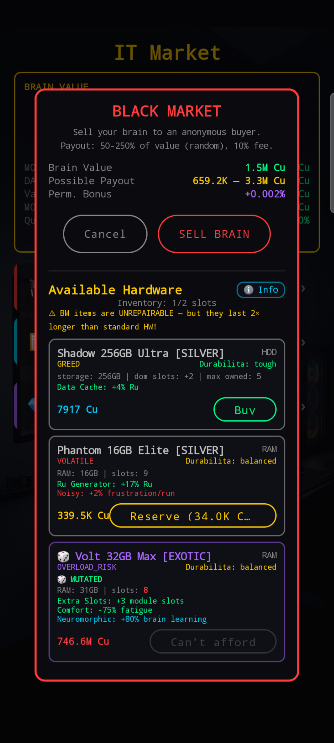 The Black Market screen with the Available Hardware section open