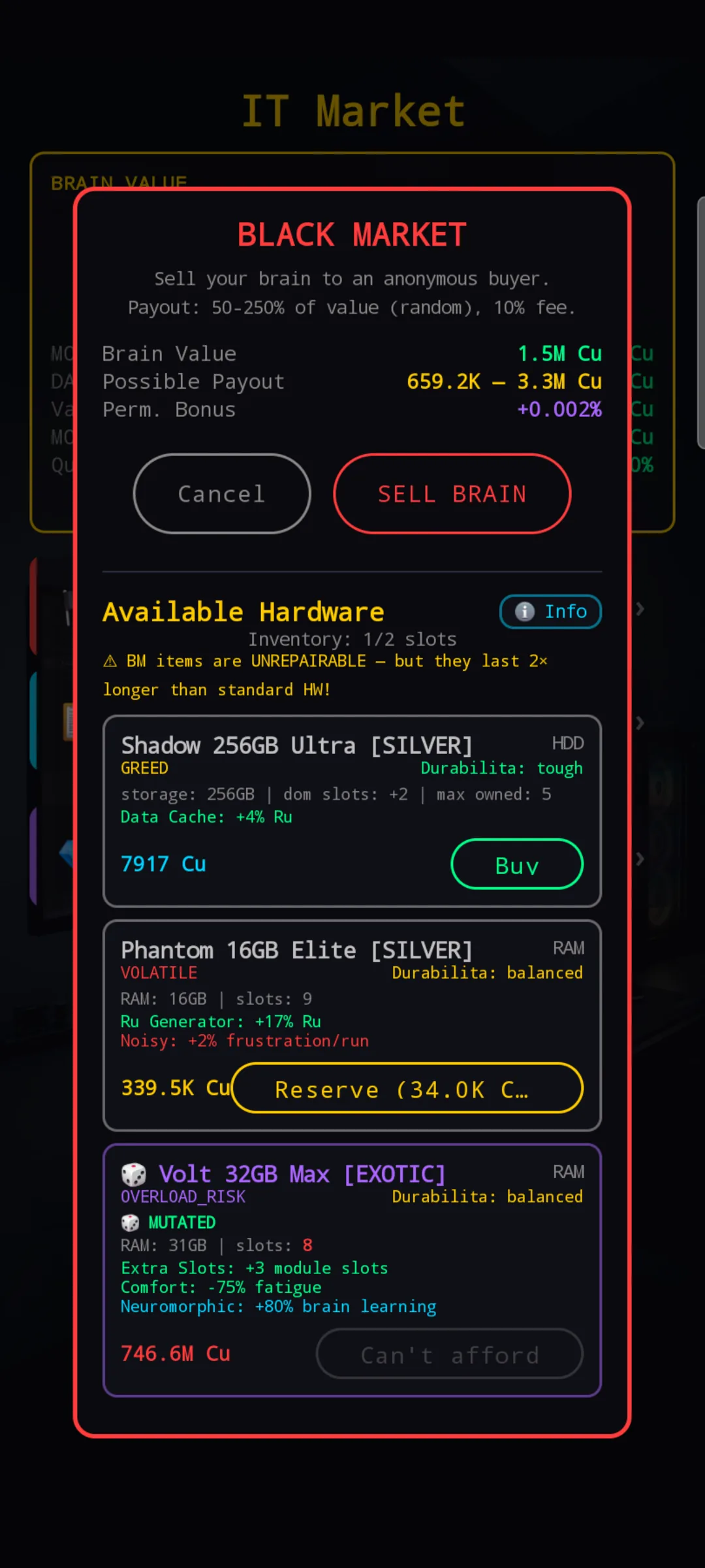 The Black Market screen with the Available Hardware section open