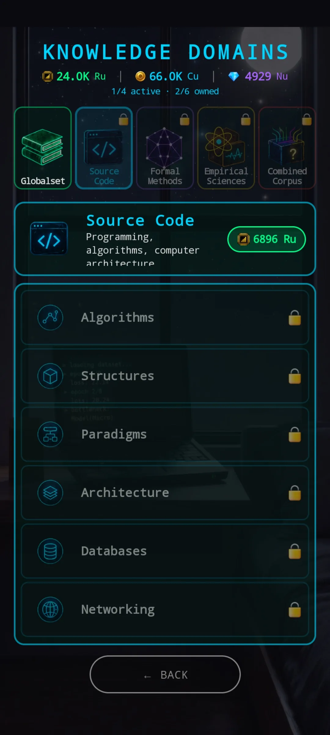 Source Code corpus tab selected (locked, priced at 6896 Ru) — description reads 'Programming, algorithms, computer architecture'. Six locked sub-domains listed underneath (Algorithms, Structures, Paradigms, Architecture, Databases, Networking) each with a padlock icon.
