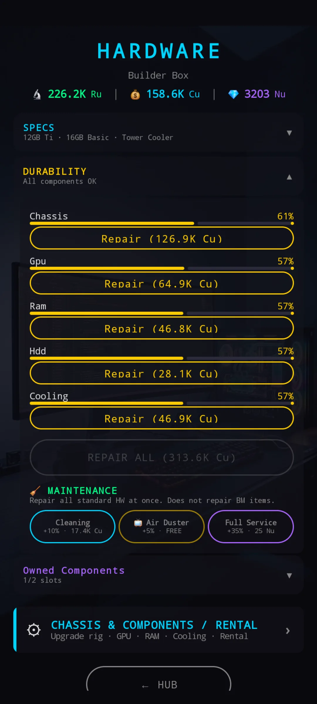 Durability section expanded with per-component repair buttons