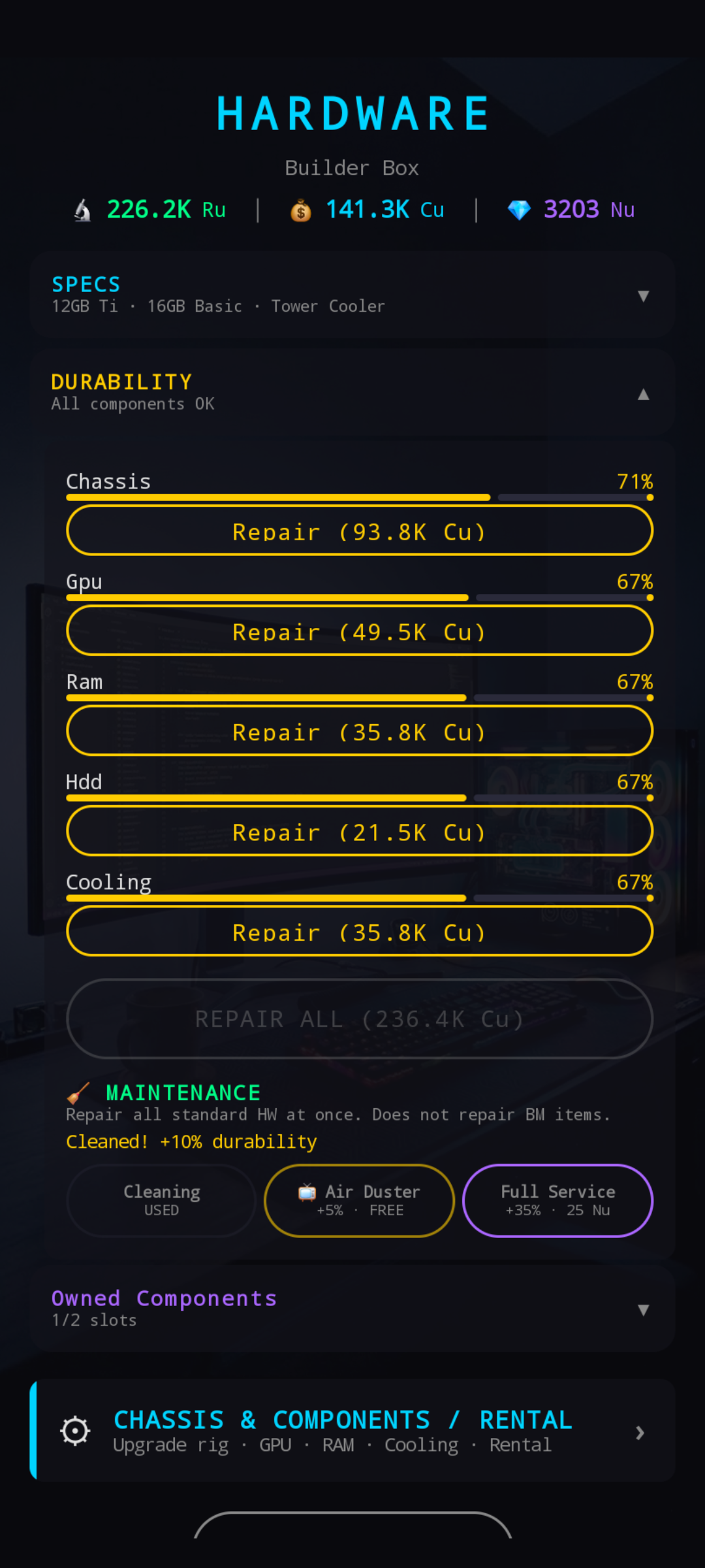 Durability after a Cleaning boost — +10% durability across all standard components