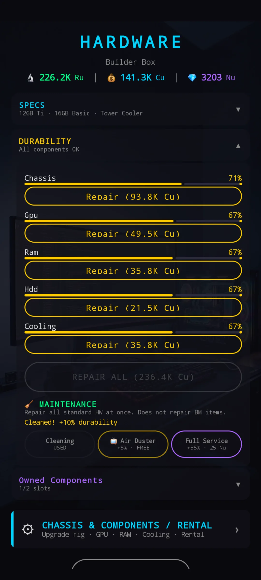 Durability after a Cleaning boost — +10% durability across all standard components