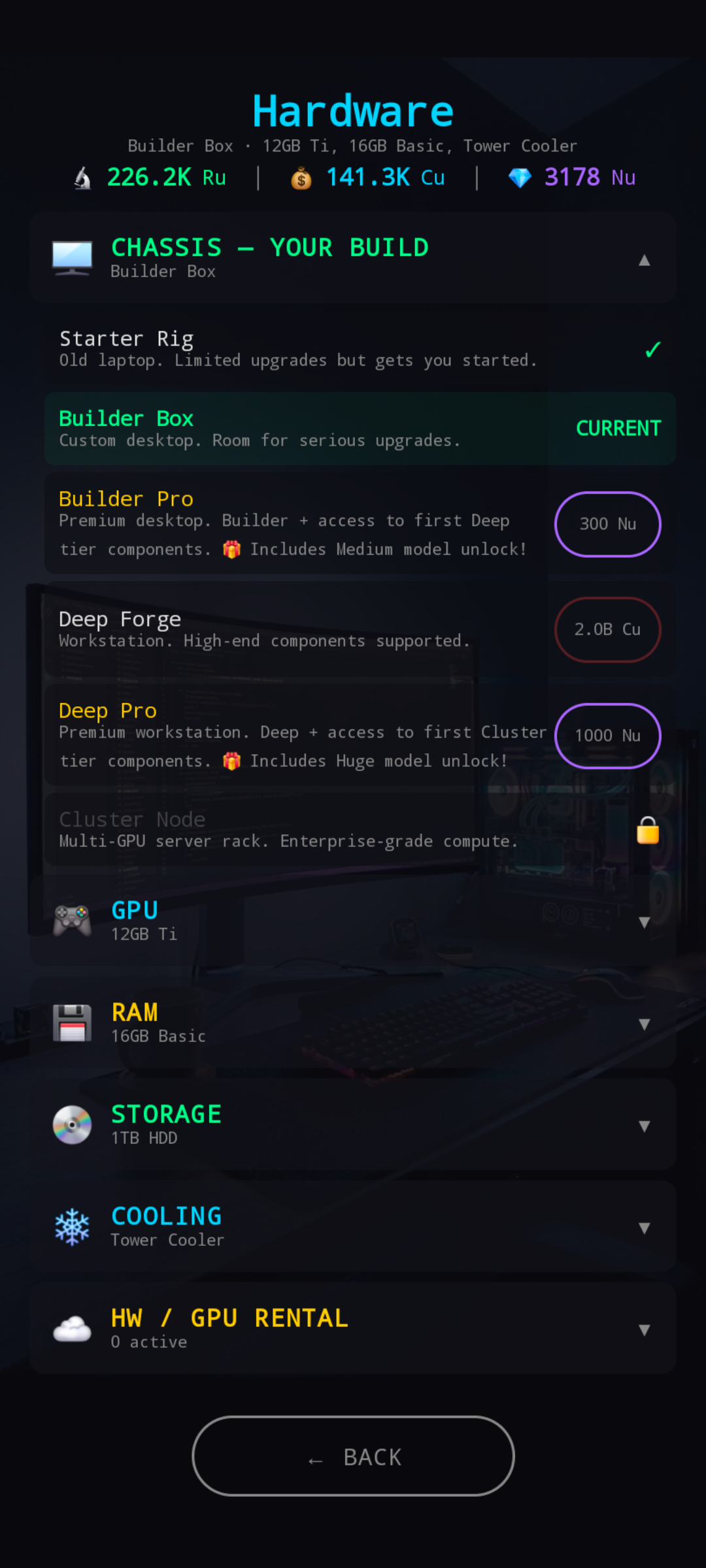 Hardware Shop chassis ladder — Starter, Builder Box (current), Builder Pro, Deep Forge, Deep Pro, Cluster Node