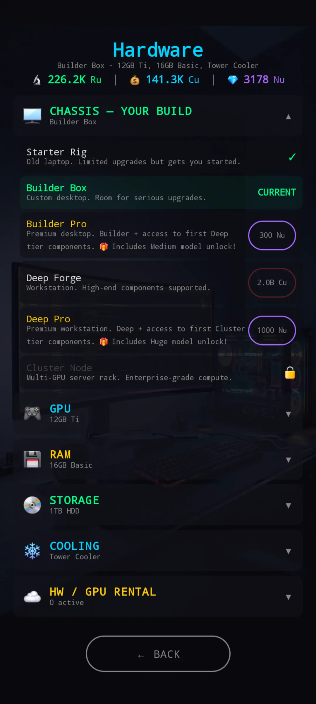 Hardware Shop chassis ladder — Starter, Builder Box (current), Builder Pro, Deep Forge, Deep Pro, Cluster Node