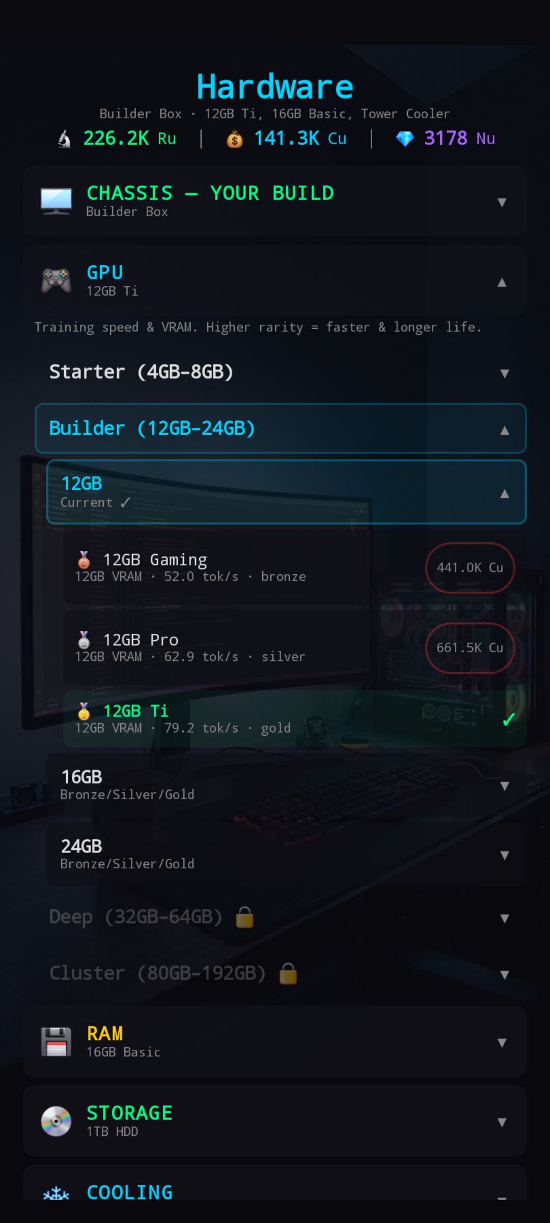 GPU shop expanded — Builder bracket showing 12GB Gaming bronze / 12GB Pro silver / 12GB Ti gold