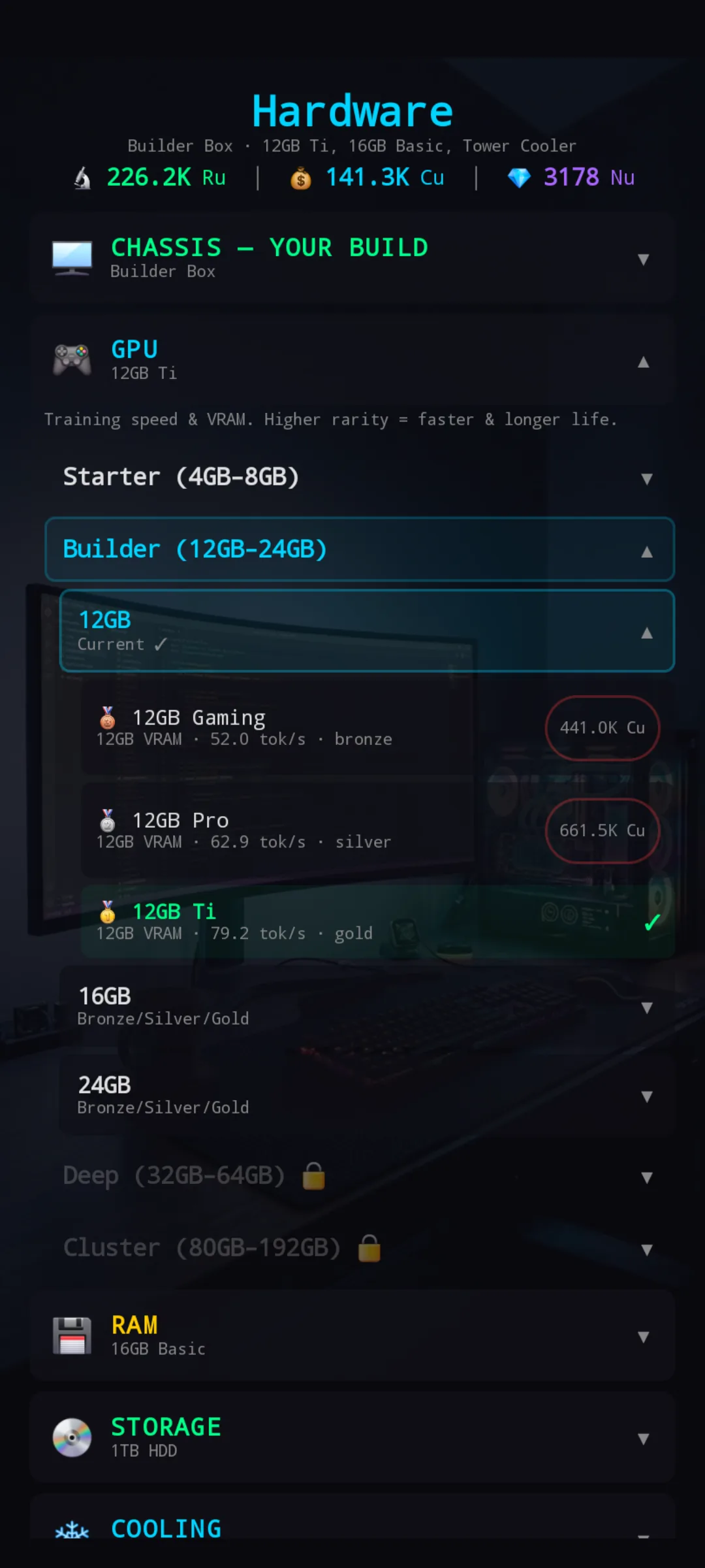 GPU shop expanded — Builder bracket showing 12GB Gaming bronze / 12GB Pro silver / 12GB Ti gold