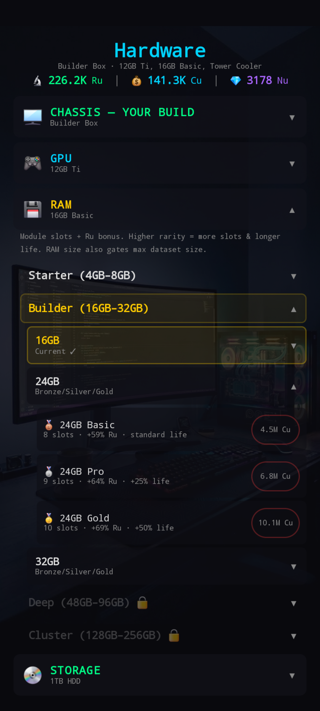 RAM shop expanded — Builder 24GB showing Basic / Pro / Gold rarities with slots and life modifiers