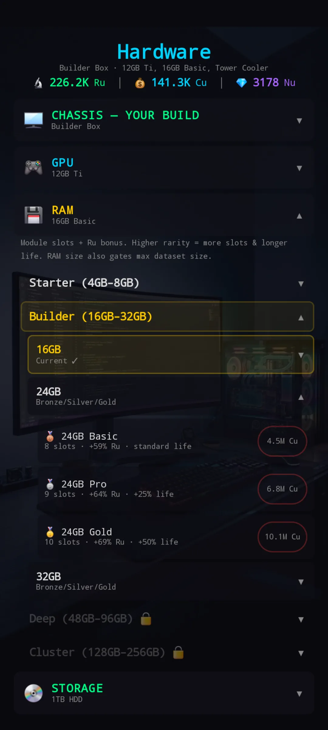 RAM shop expanded — Builder 24GB showing Basic / Pro / Gold rarities with slots and life modifiers