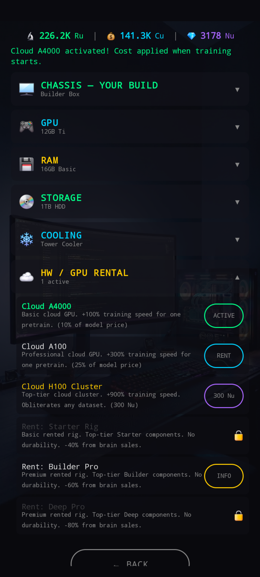Cloud A4000 activated — banner explaining cost is applied at training start
