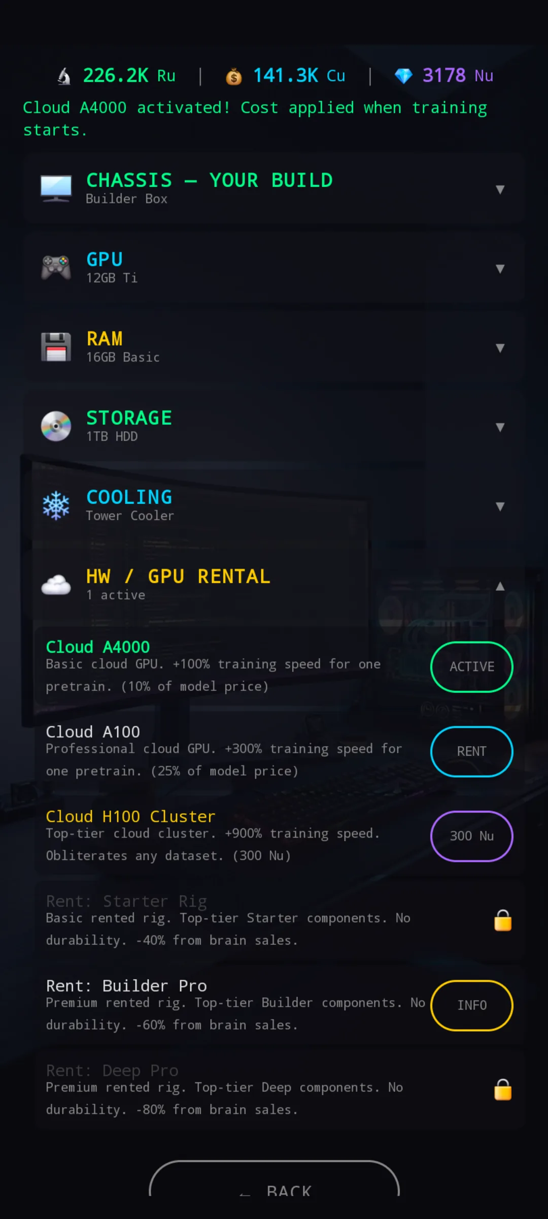 Cloud A4000 activated — banner explaining cost is applied at training start