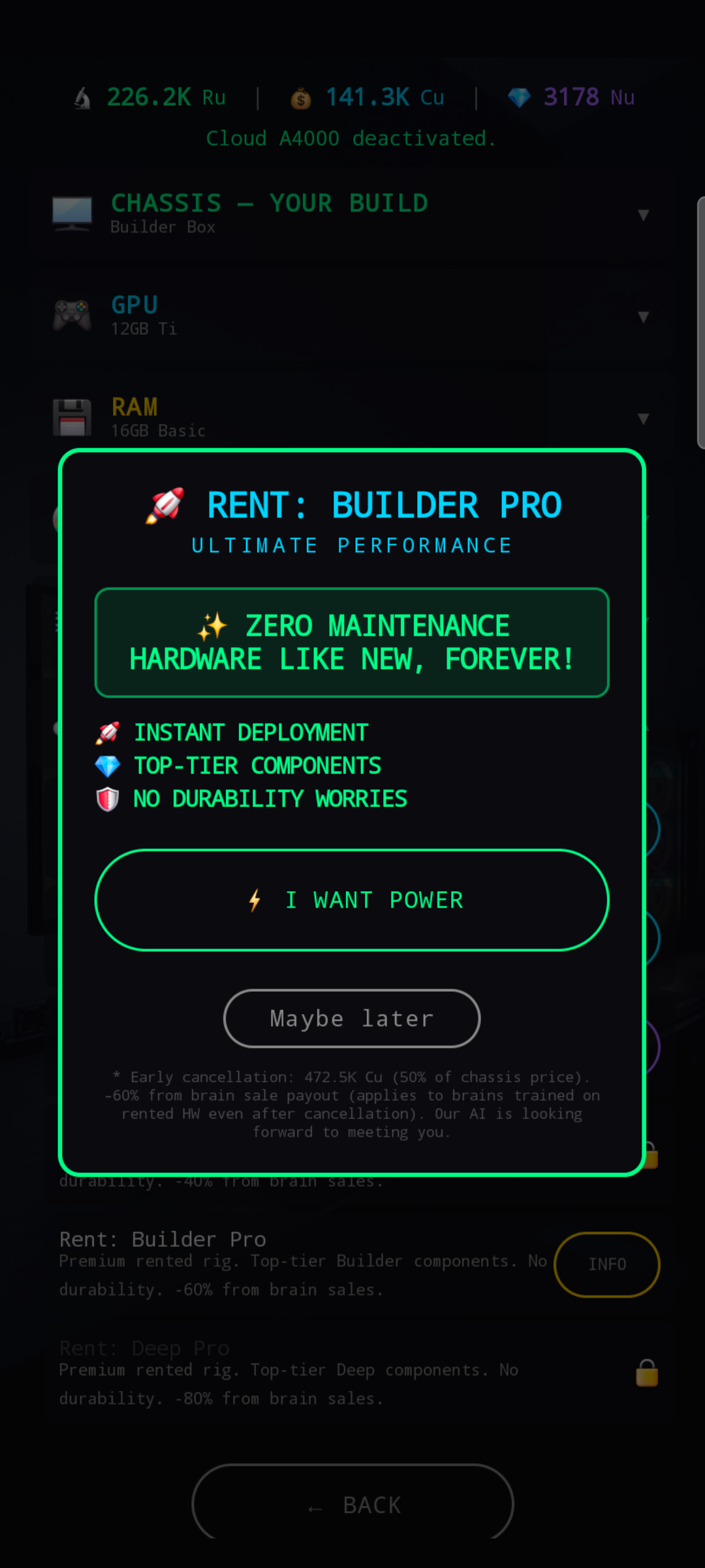 Builder Pro rental promo popup — Ultimate Performance pitch with early cancellation terms