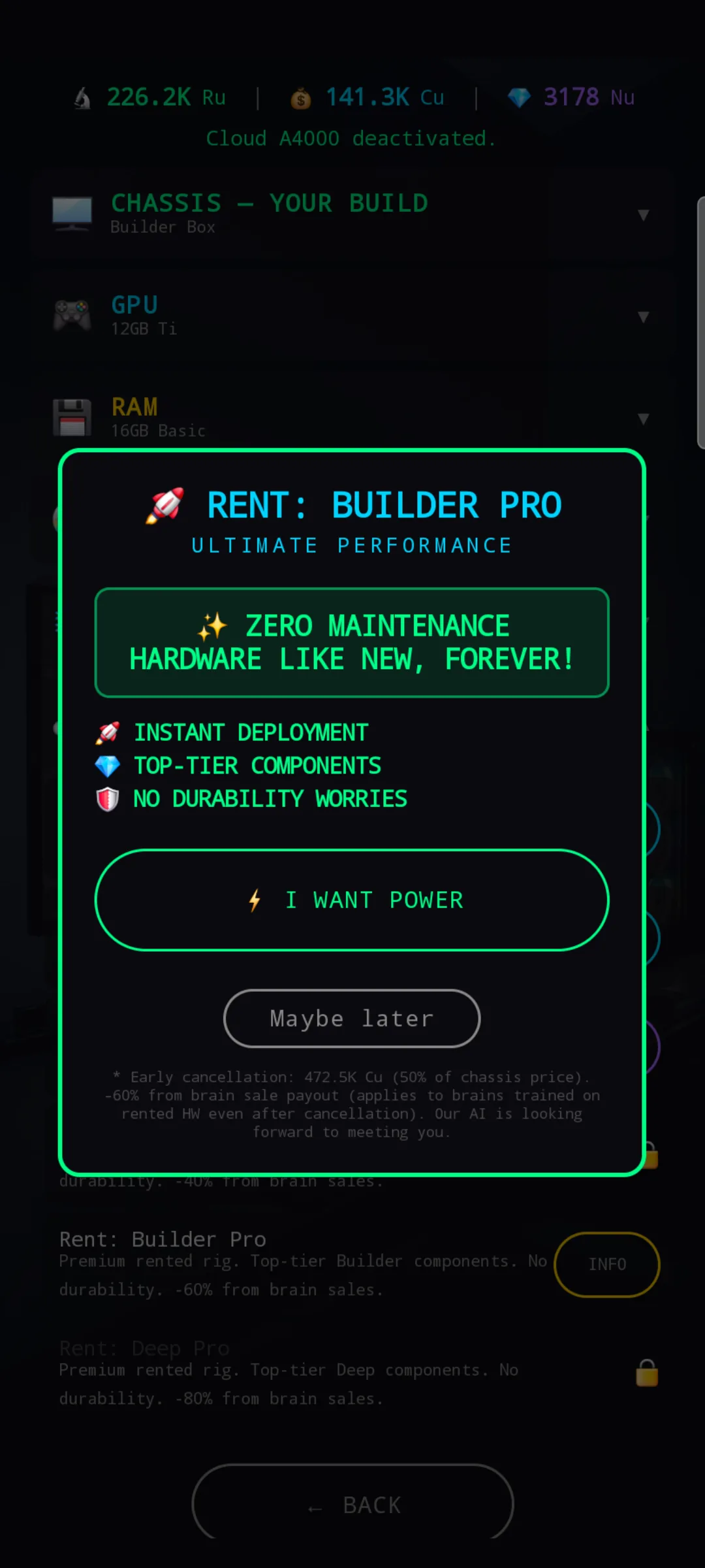 Builder Pro rental promo popup — Ultimate Performance pitch with early cancellation terms