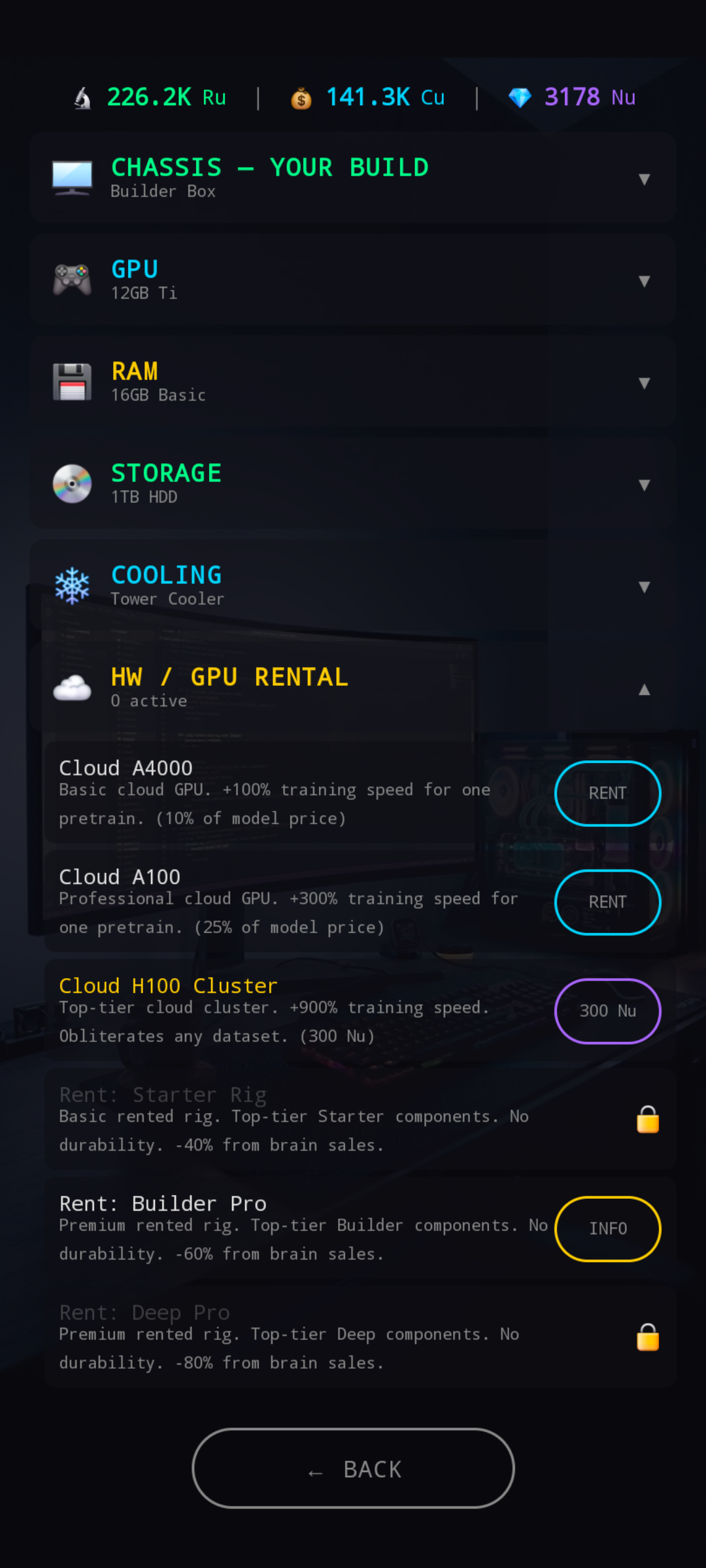 HW / GPU Rental section expanded — Cloud A4000 / A100 / H100 Cluster plus chassis rental rows