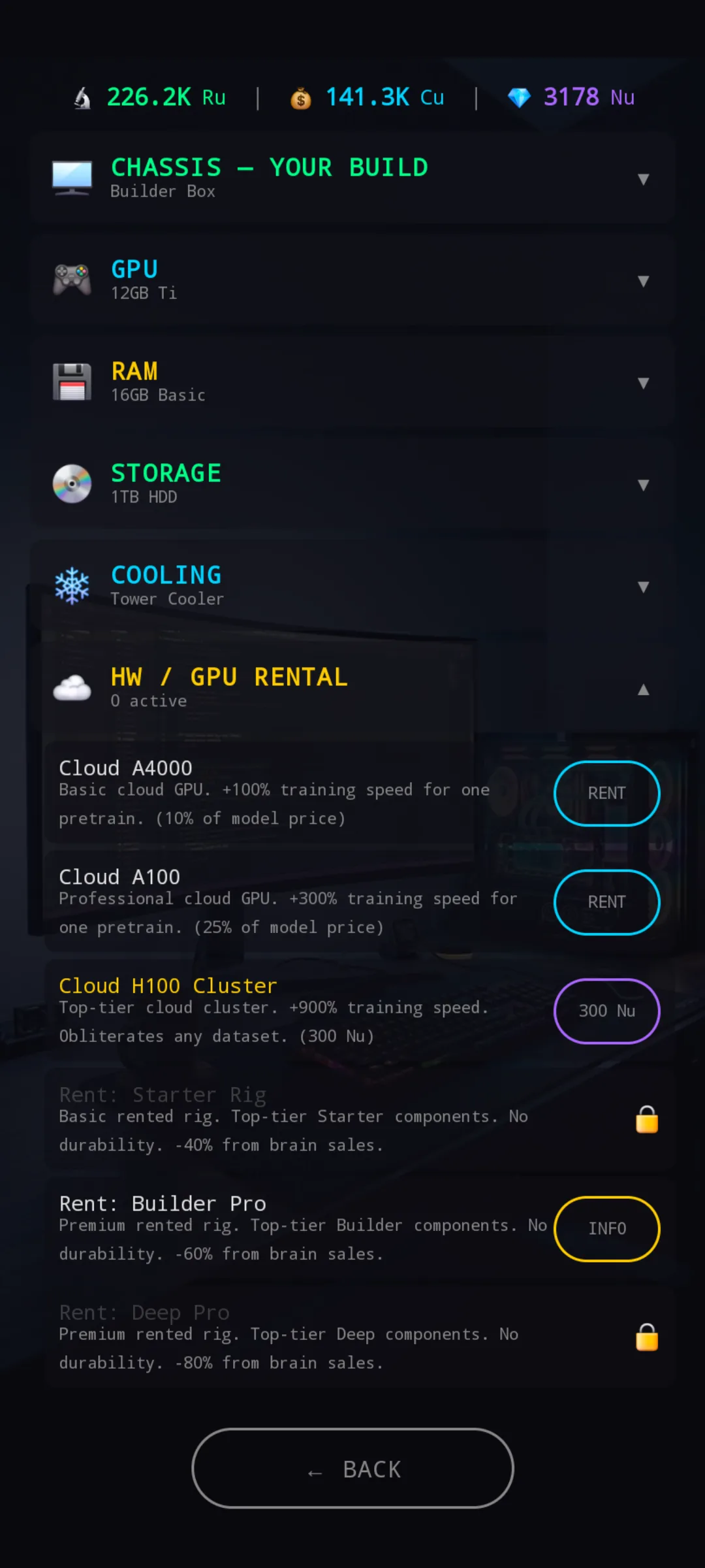 HW / GPU Rental section expanded — Cloud A4000 / A100 / H100 Cluster plus chassis rental rows