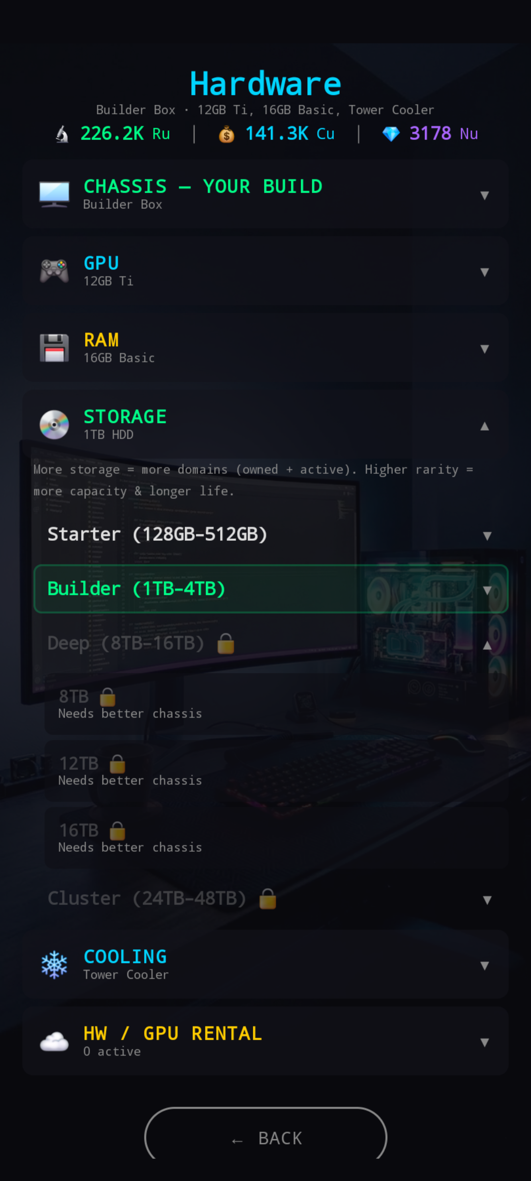 Storage shop expanded — Builder 1TB-4TB current, Deep tier locked with chassis upgrade requirement