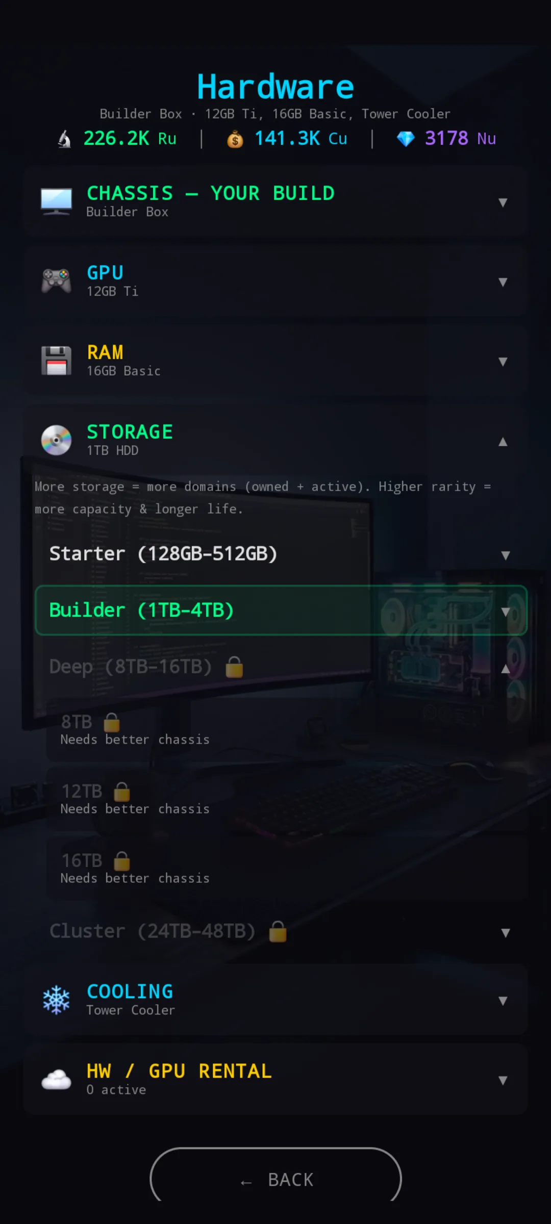 Storage shop expanded — Builder 1TB-4TB current, Deep tier locked with chassis upgrade requirement