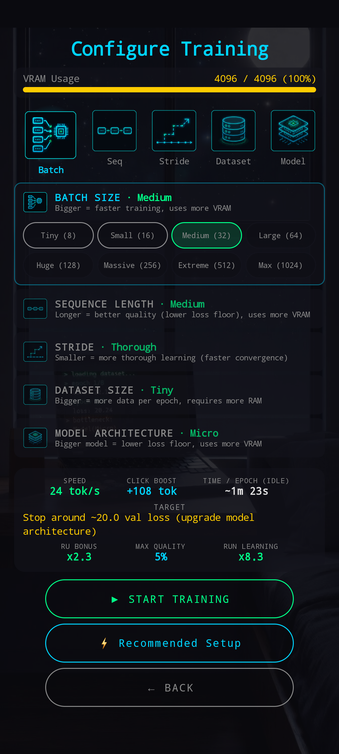 Batch section expanded — chips from Tiny (8) to Max (1024)