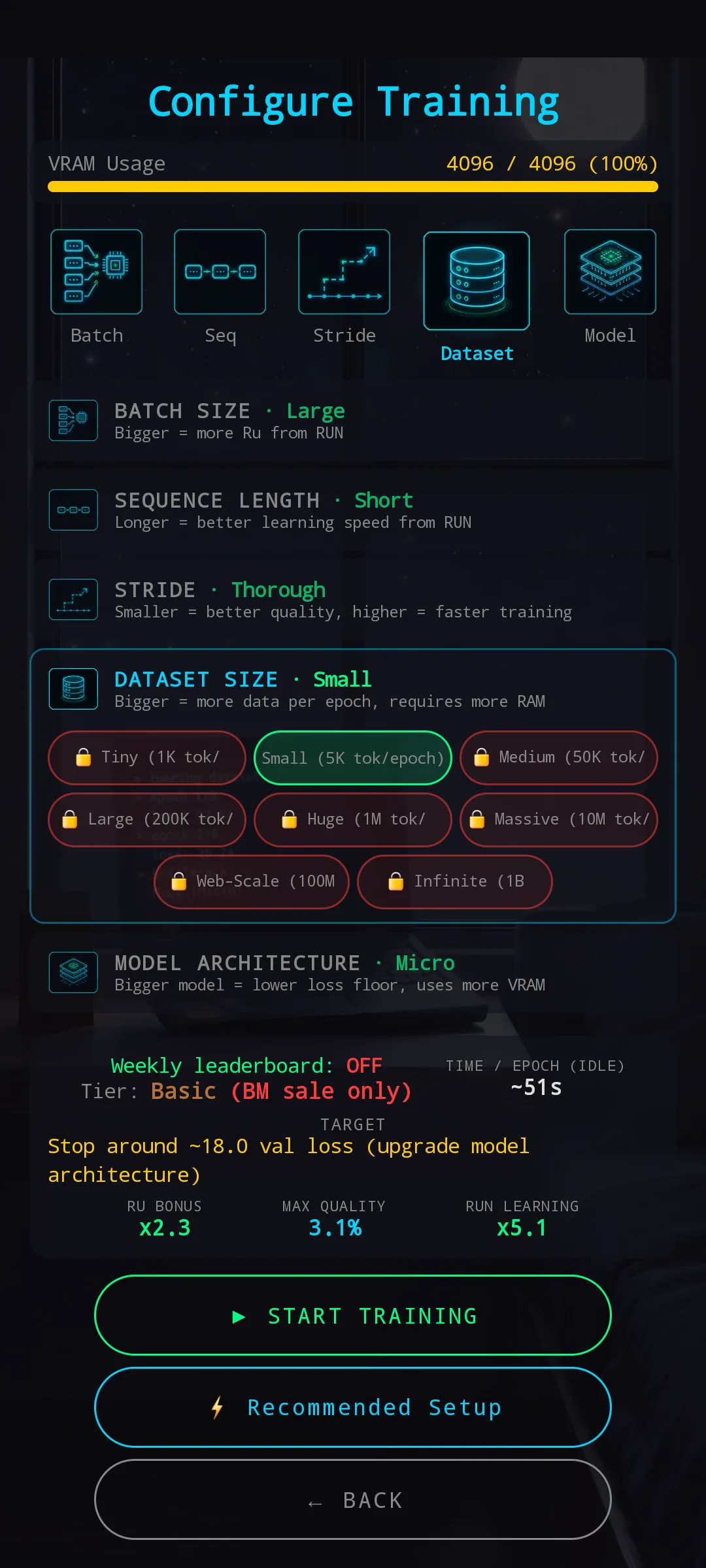 Dataset section expanded — Tiny (1K) / Small (5K) selected / Medium (50K) locked / Large (200K) locked / Huge (1M) / Massive (10M) / Web-Scale (100M) / Infinite (1B), all locked options in red