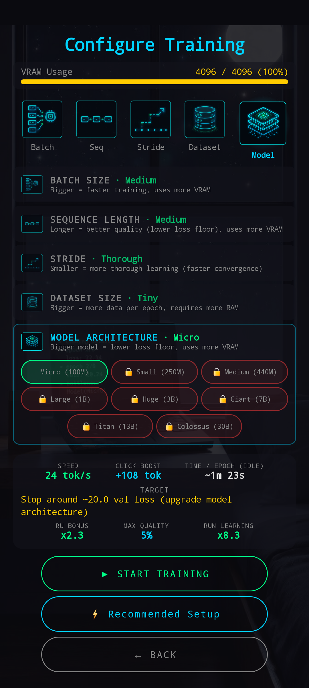 Model section expanded — Micro (100M) selected, larger tiers locked behind VRAM
