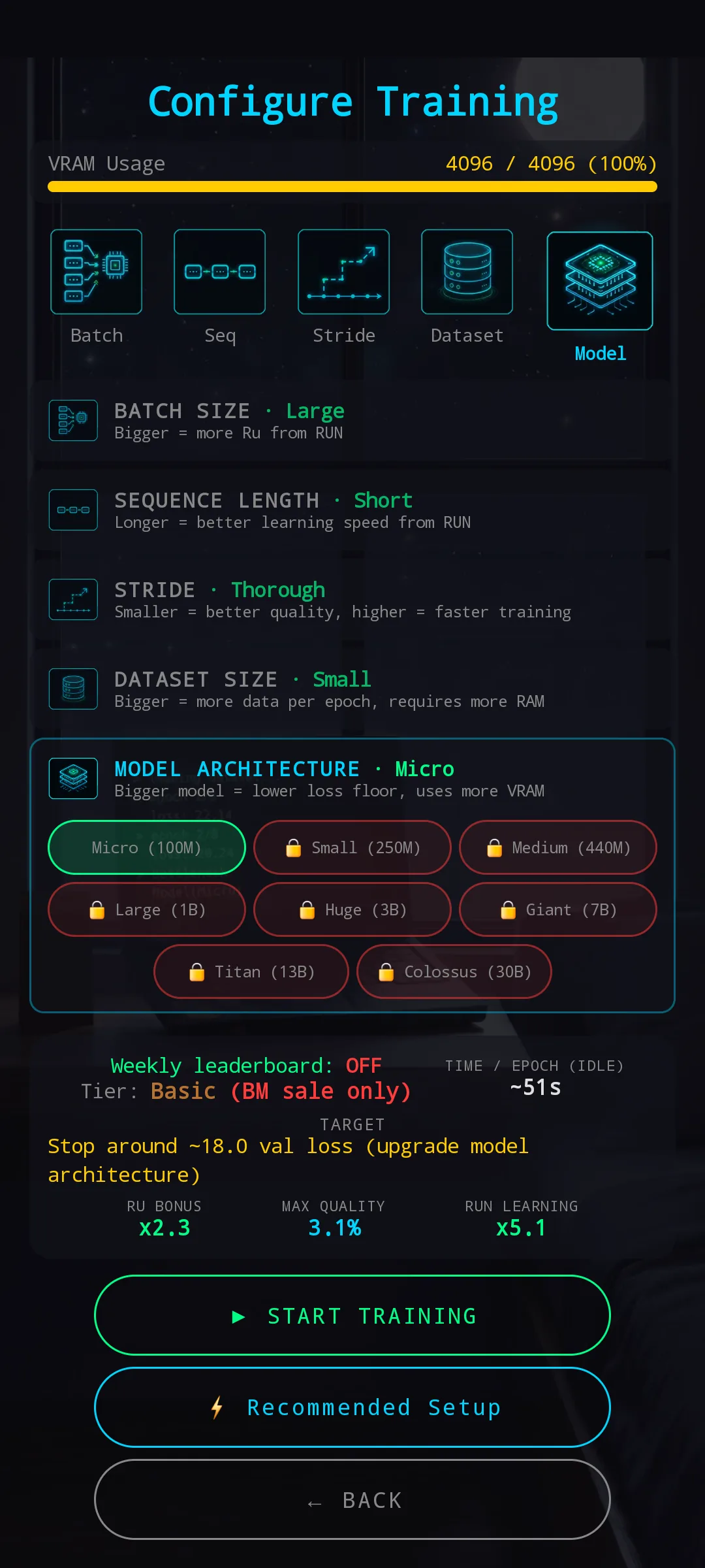 Configure Training screen — VRAM bar at top, five-tab selector, accordion sections with current values, derived stats and buttons at the bottom
