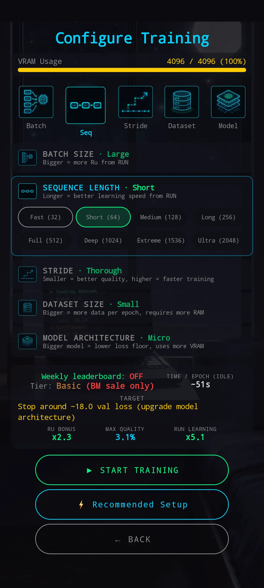 Sequence Length section expanded — Fast (32) / Short (64) selected / Medium (128) / Long (256) / Full (512) / Deep (1024) / Extreme (1536) / Ultra (2048)