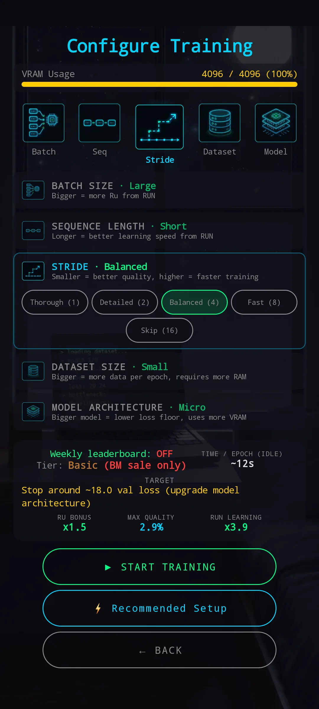 Stride section expanded — Thorough (1) / Detailed (2) / Balanced (4) selected / Fast (8) / Skip (16)