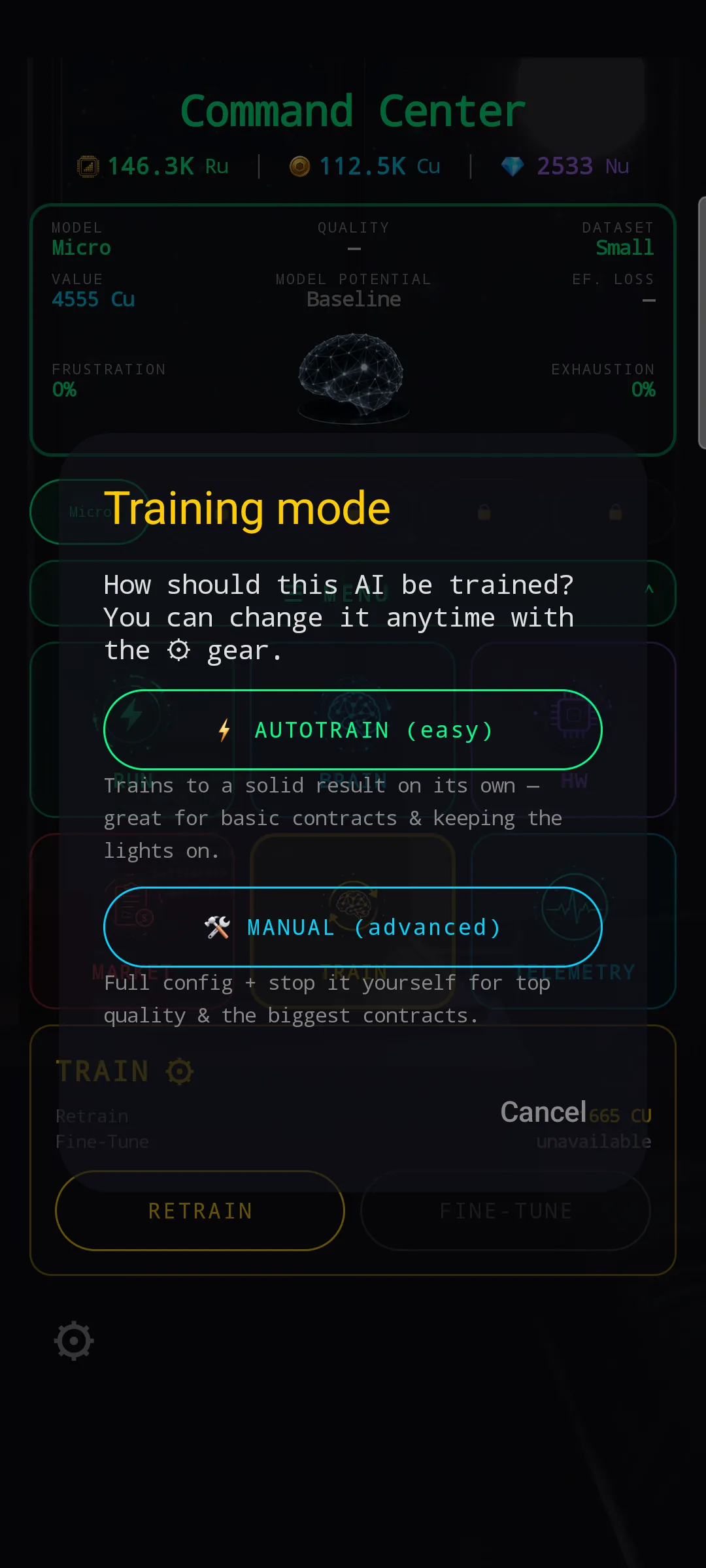 Command Center with the Training mode modal open, showing AUTOTRAIN (easy) and MANUAL (advanced) buttons