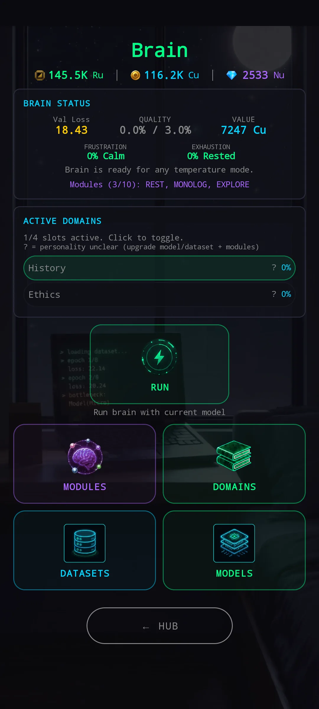 Brain screen with History active out of 4 available slots