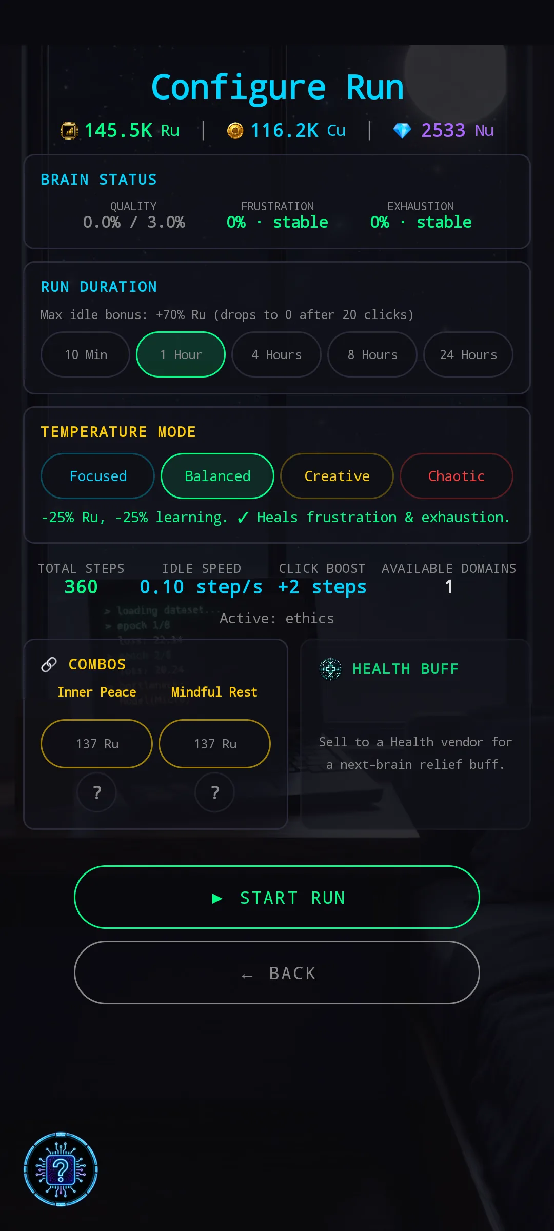 NeuronIdle Run Configuration screen