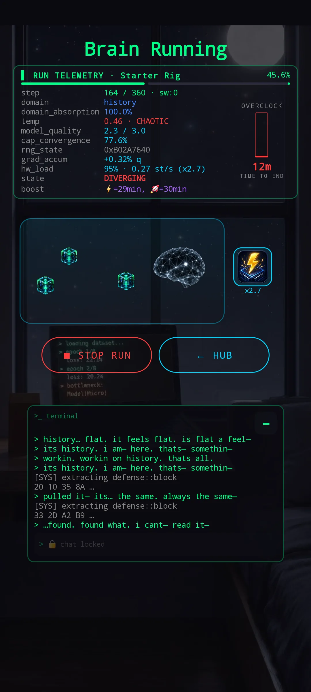 Brain Running screen — Run Telemetry panel at the top with step counter, domain, temperature and other live stats plus the new boost row (⚡ 29 min, 🚀 30 min); Overclock meter on the right showing time to end (12 m); packet area in the middle with three data packets flowing toward the brain and a BOOST icon beside them (×2.7); STOP RUN and HUB buttons below; terminal panel with in-run chat at the bottom.
