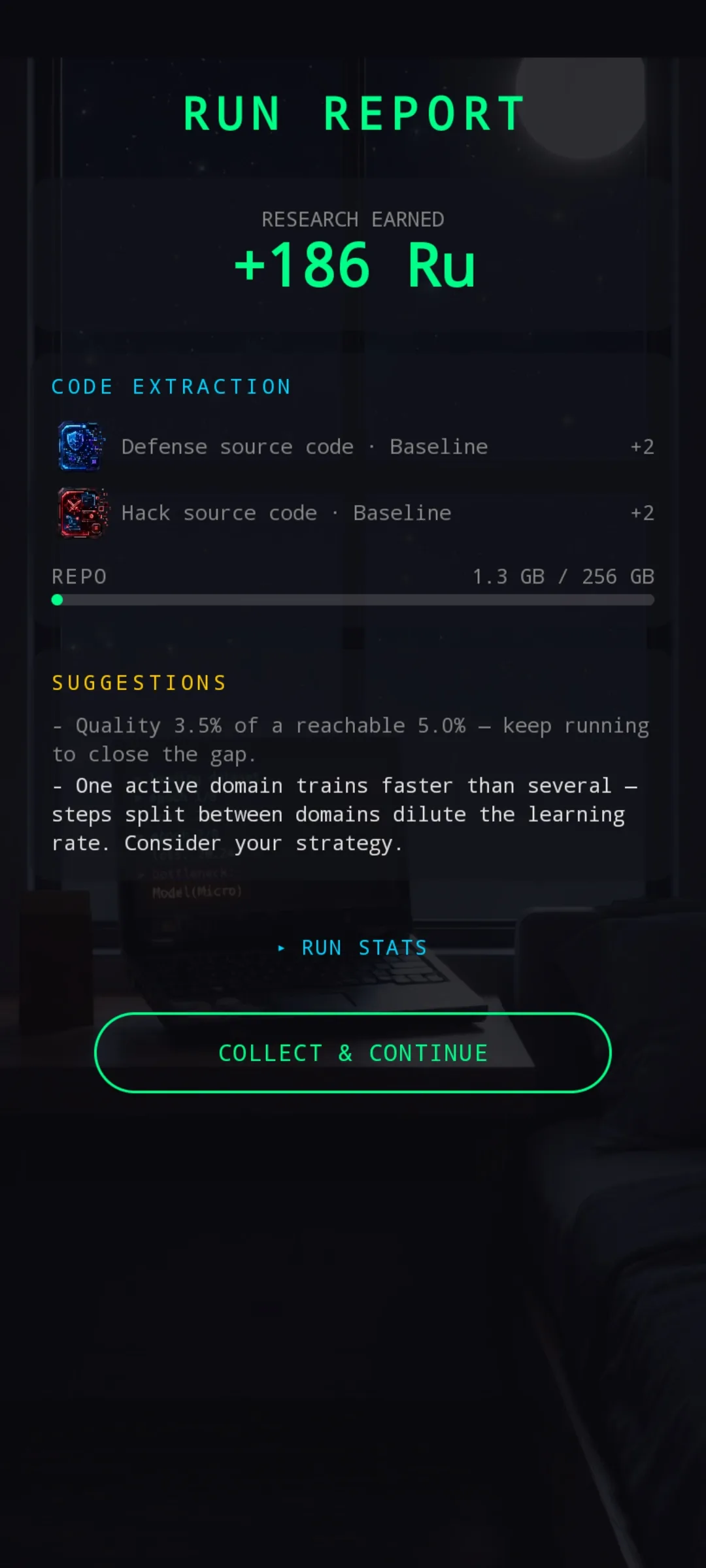 Run Report screen — 'RESEARCH EARNED +186 Ru' at the top, CODE EXTRACTION section listing Defense source code +2 and Hack source code +2 at Baseline rarity plus a REPO progress bar (1.3 GB / 256 GB), SUGGESTIONS block below with two tuning hints, expandable RUN STATS button, and a large COLLECT & CONTINUE button at the bottom.